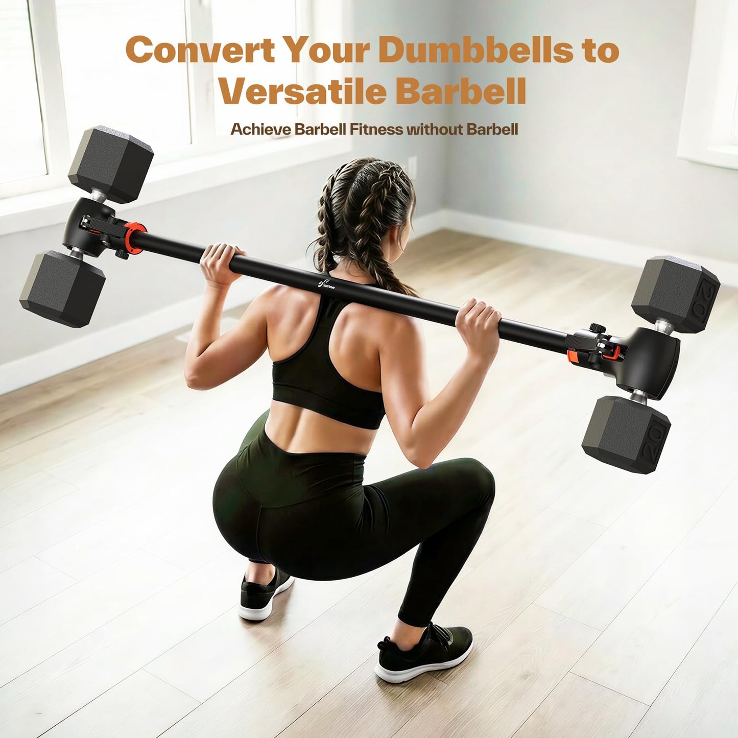 Sportneer Dumbbell to Barbell Converter Bar — Heavy-Duty, Adjustable Fit, Tool-Free Setup, Up to 200 lb Capacity, barbell converter Bar for Squats, Bench Press, Deadlifts, Home Gym