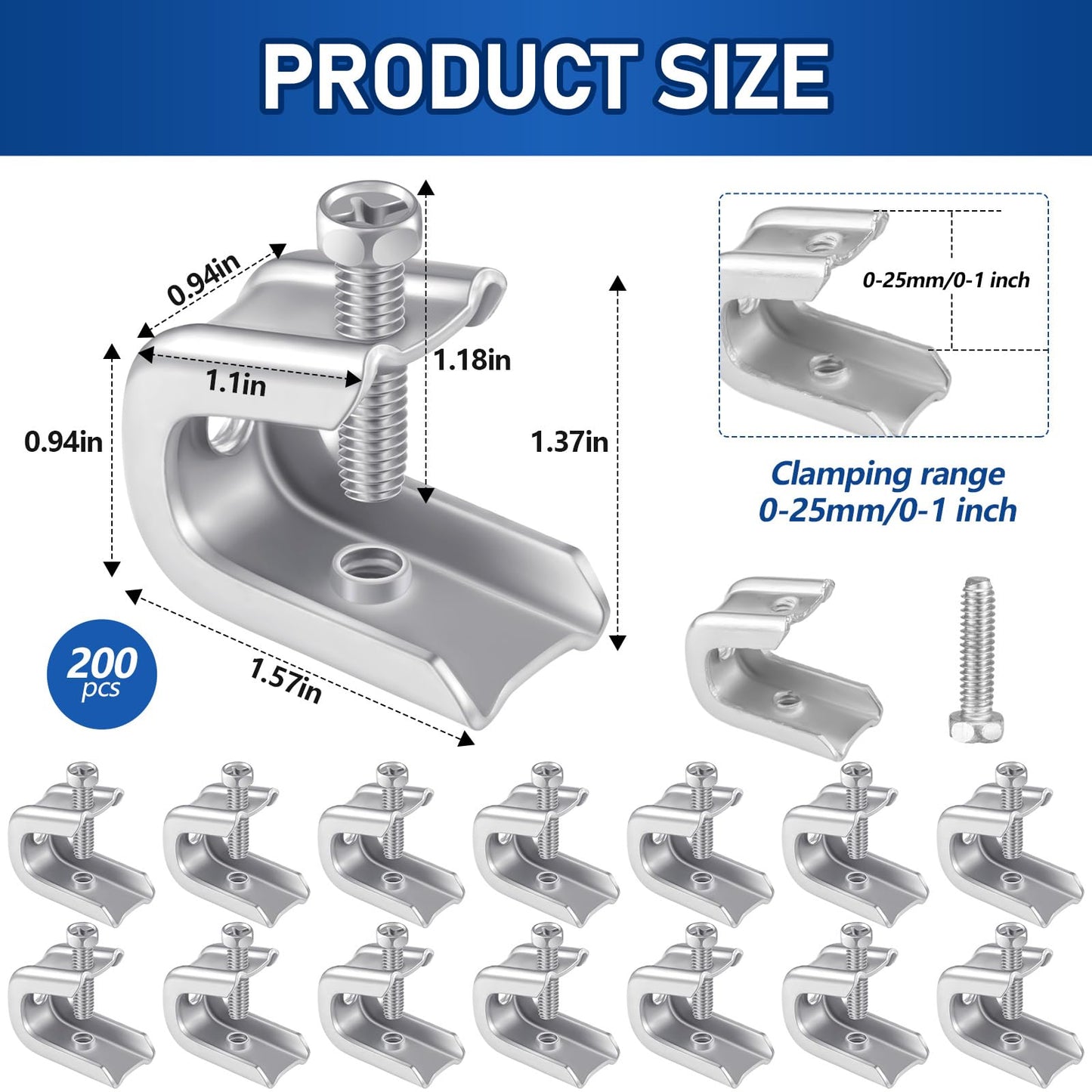 Hicarer 200 Pcs 1/4" x 20 Beam Clamp Heavy Duty Steel, Zinc Plated C-clamp Fastener for I-beams and Strut Channels, Secure Conduit & Pipe Hanging Support