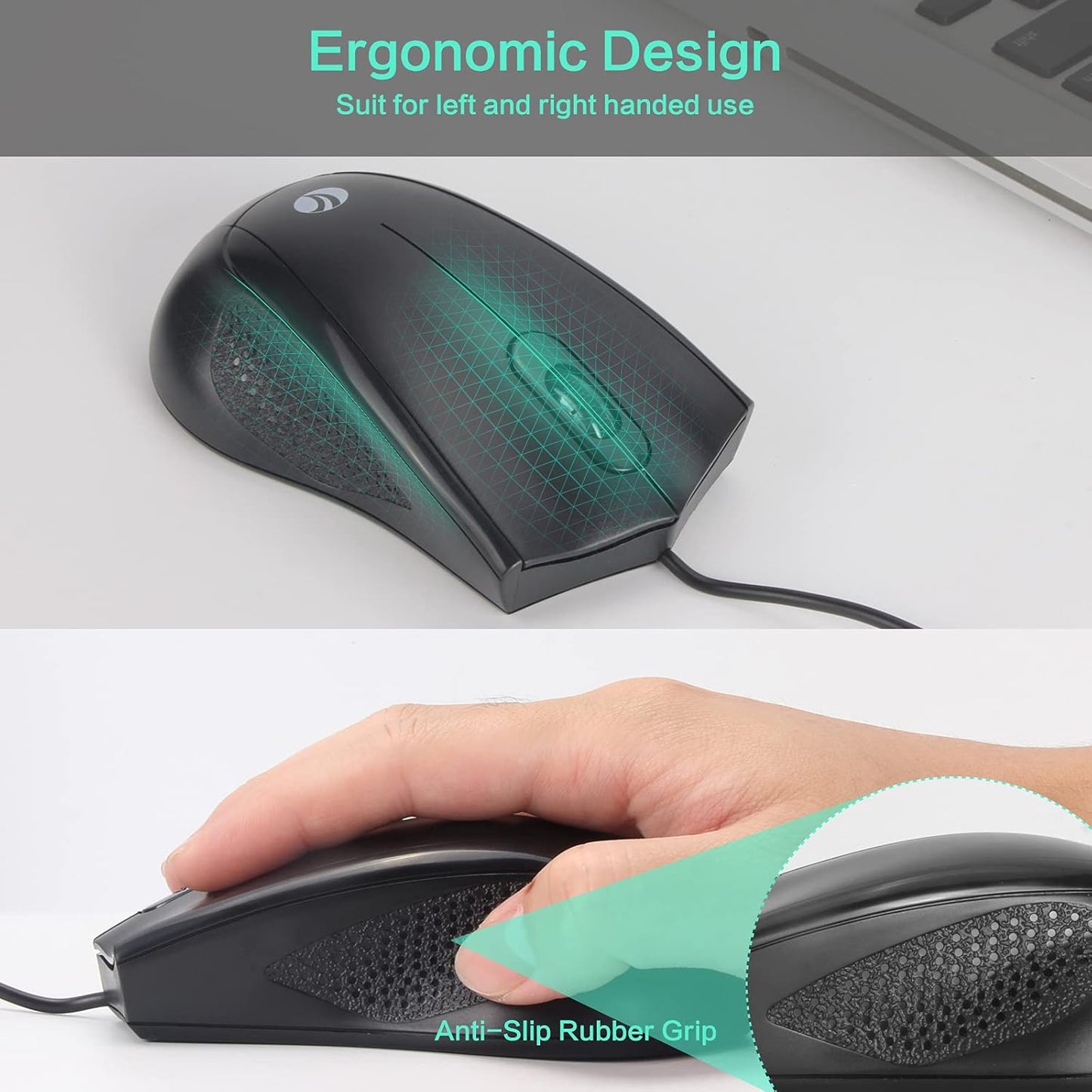 VCOM 6-Foot 1200 Wired USB Mouse with Cord, DPI, Right or Left Hand Use, Ergonomic Design, Black