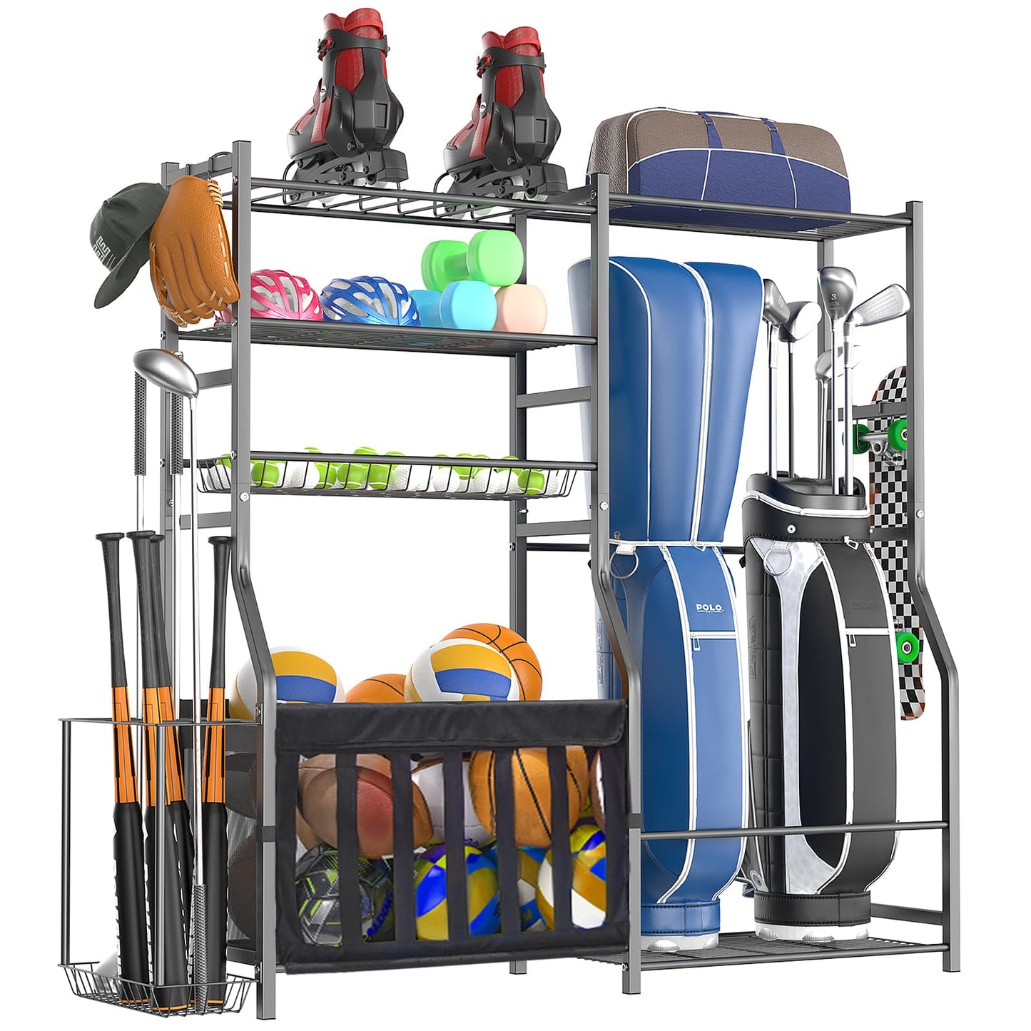 organizelink Heavy Duty Garage Sports Equipment Organizer, All-in-One Golf Bag Storage Rack & Multi-Sport Ball Holder for Basketballs, Bats & Kids Toys, Indoor/Outdoor Free Standing Gear Bin