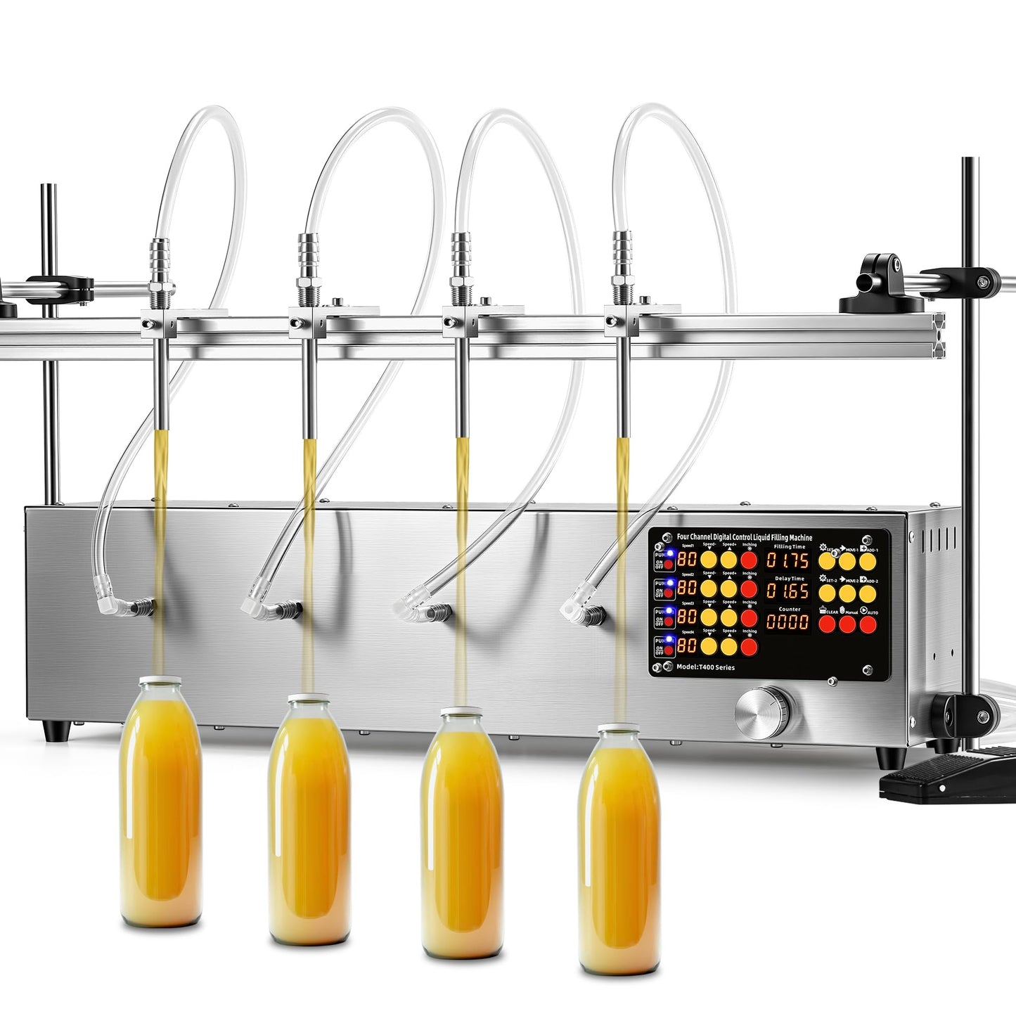 Moonshan 4 Head Thin Liquid Filling Machine 1-100 Fl Oz Bottle Filler Machine with Intelligent Control Ports Diaphragm Pump Digital Control for Wine, Essence, Glass Detergent