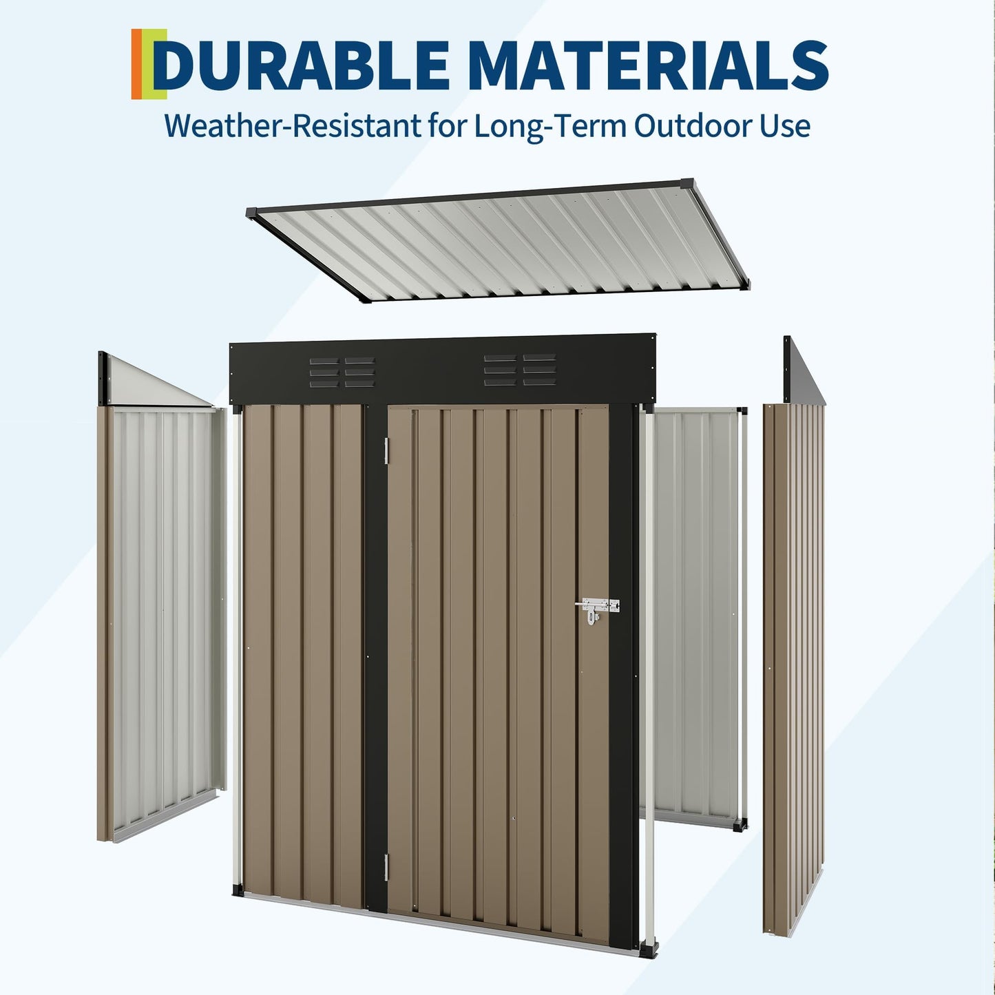 5x3FT Metal Storage Shed with Sloped Roof, Lockable Doors, Solar Light, Windows, and Vents, Outdoor Storage Sheds for Garden, Backyard, Patio Tools and Equipment
