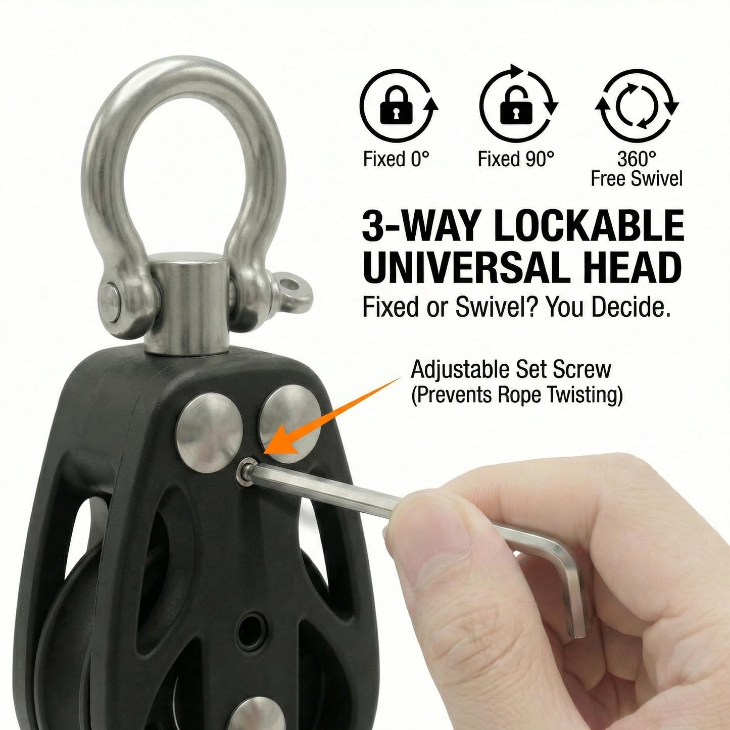 RiaYer 50mm Heavy-Duty Single Swivel Sailing Block with Ball Bearings, T316 Stainless Steel & PA66 Nylon Marine Pulley, 3100 lbs Breaking Load, High-Load Rigging Hardware (1-Pack)
