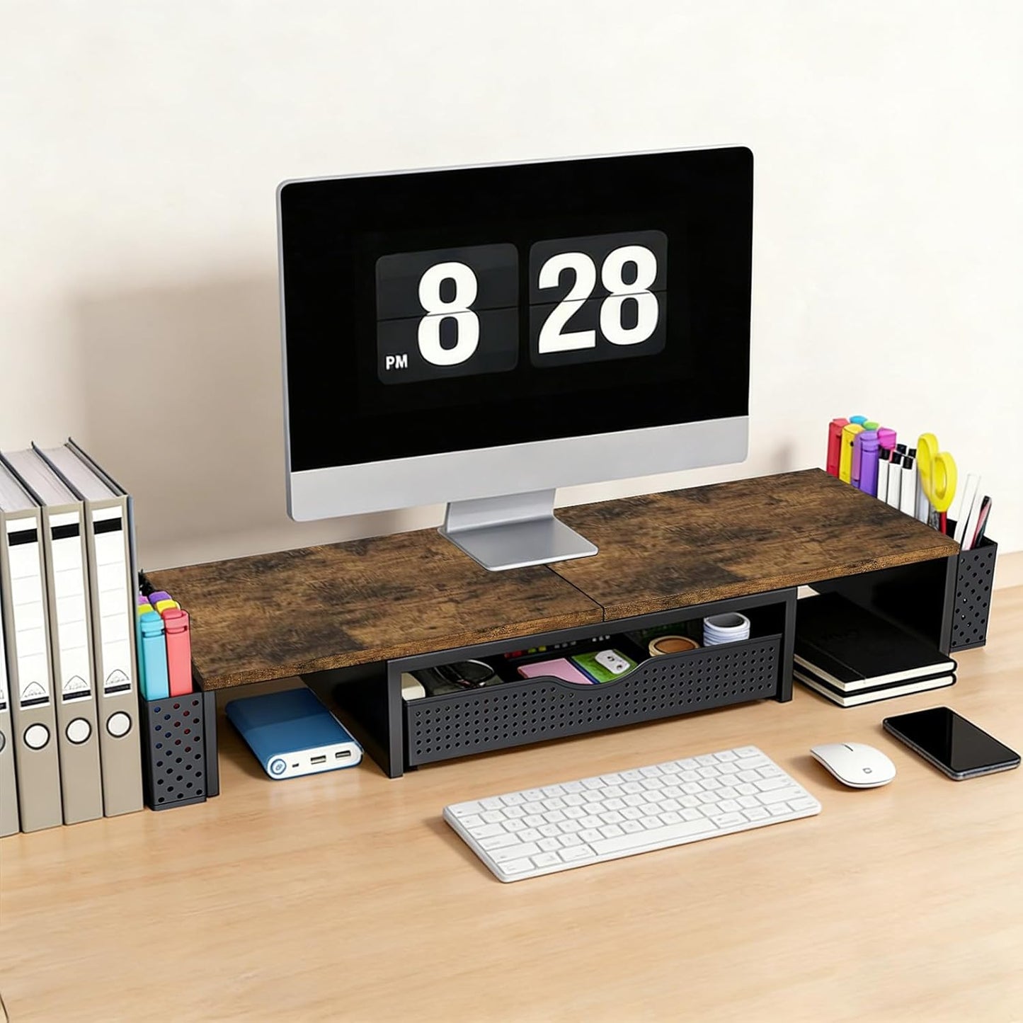 2 Spacrea Metal Desk Organizers and Accessories, Dual Monitor Stand Riser with Drawer and Pen Holders, Desk Accessories