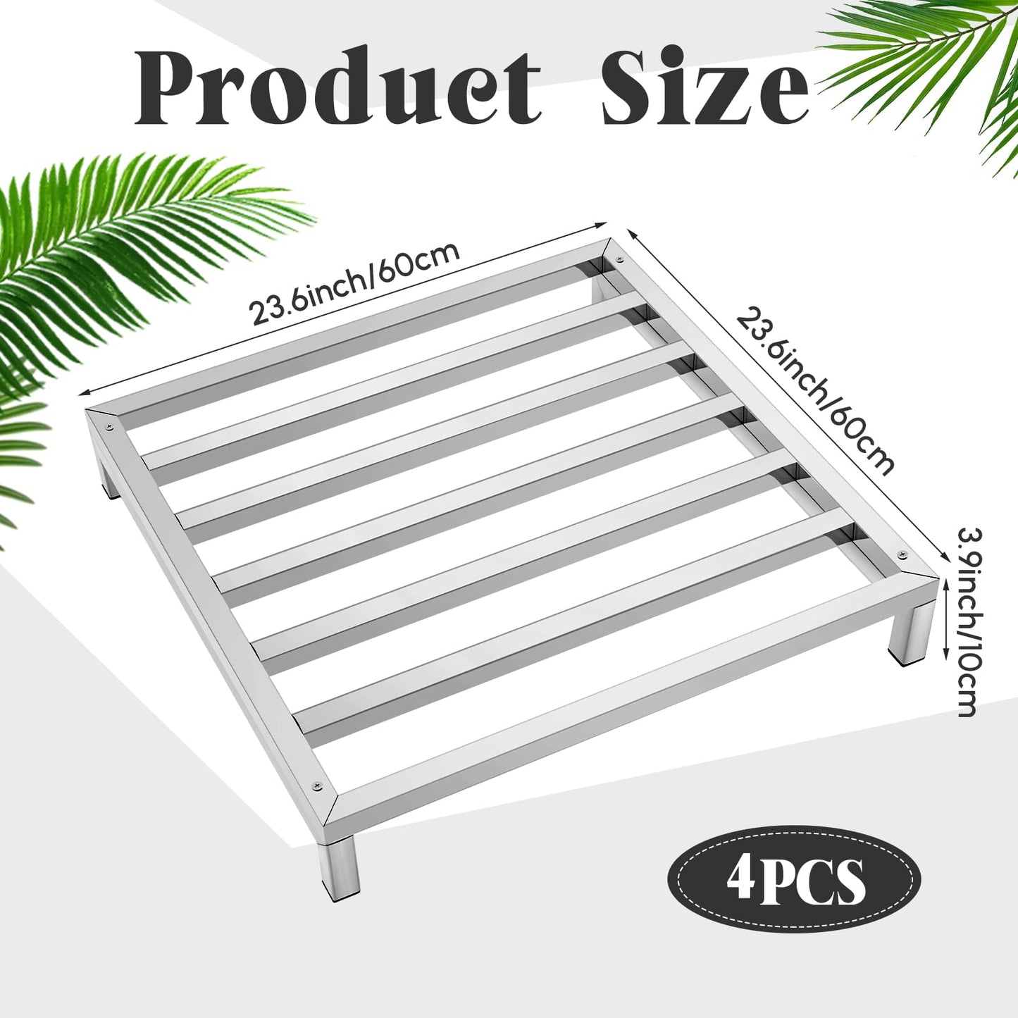 MorningRo 4 Pack Dunnage Rack 23.6" Long x 23.6" Wide, 3.9" Height Stainless Steel Shelf 3000+ Pound Capacity Commercial Food Floor Rack for Restaurants Kitchens Garages and Vehicles(Detacheable)