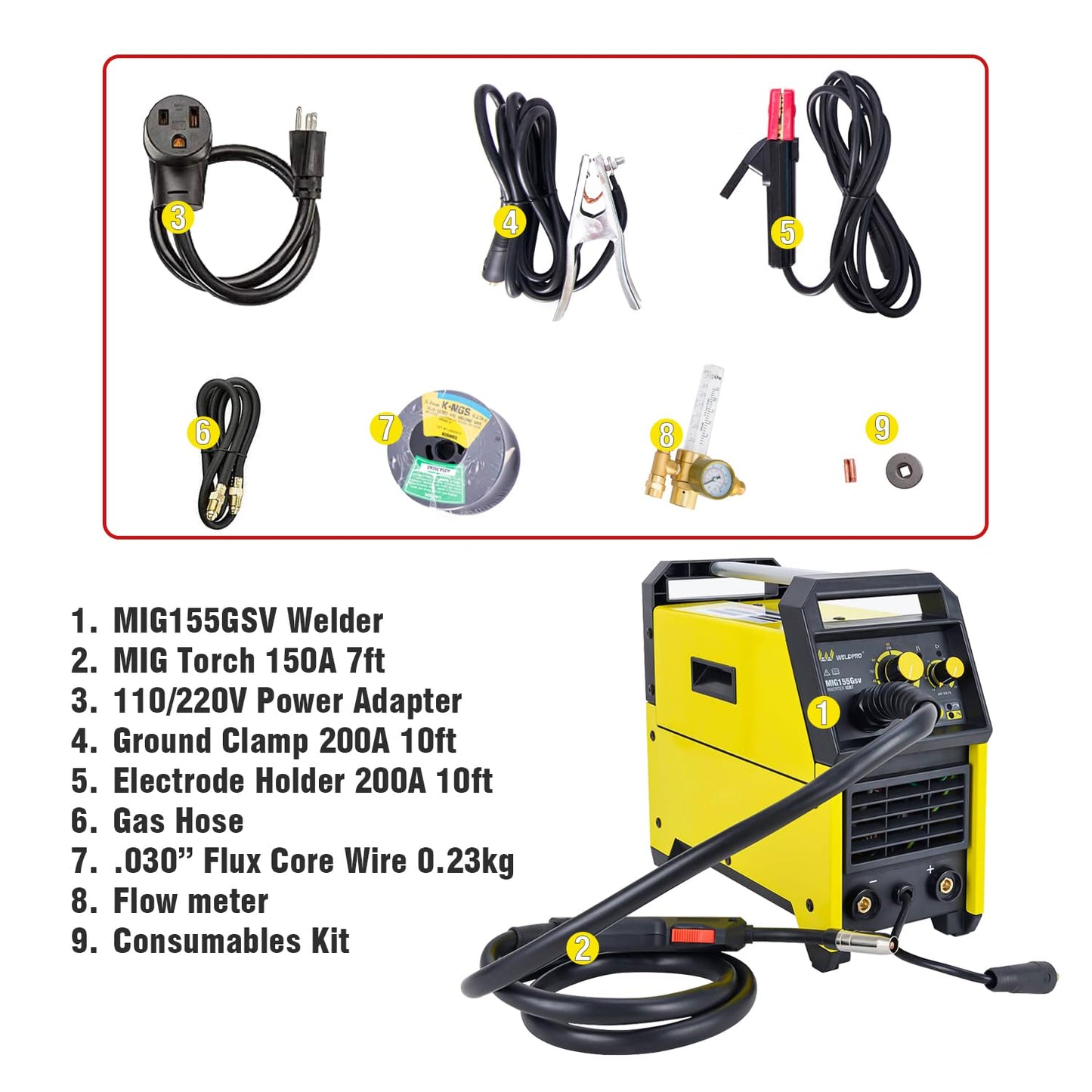 Weldpro 155 Amp MIG Welder, 110V/220V 3 in 1 Welding Machine, Flux Core MIG/Gas MIG/MMA/Stick Welder, Welder Machine with Synergy, IGBT Inverter Portable Welder Equipment for Beginner