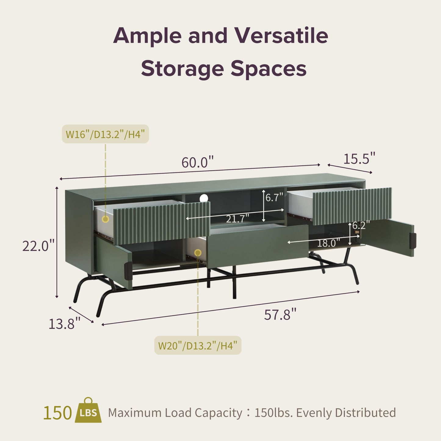 24/7 Shop at Home Quin Modern TV Stand with Storage Drawers, Media Console Cabinet, Entertainment Center for 65 inch Television, Unique Living Room Furniture, Sage Green