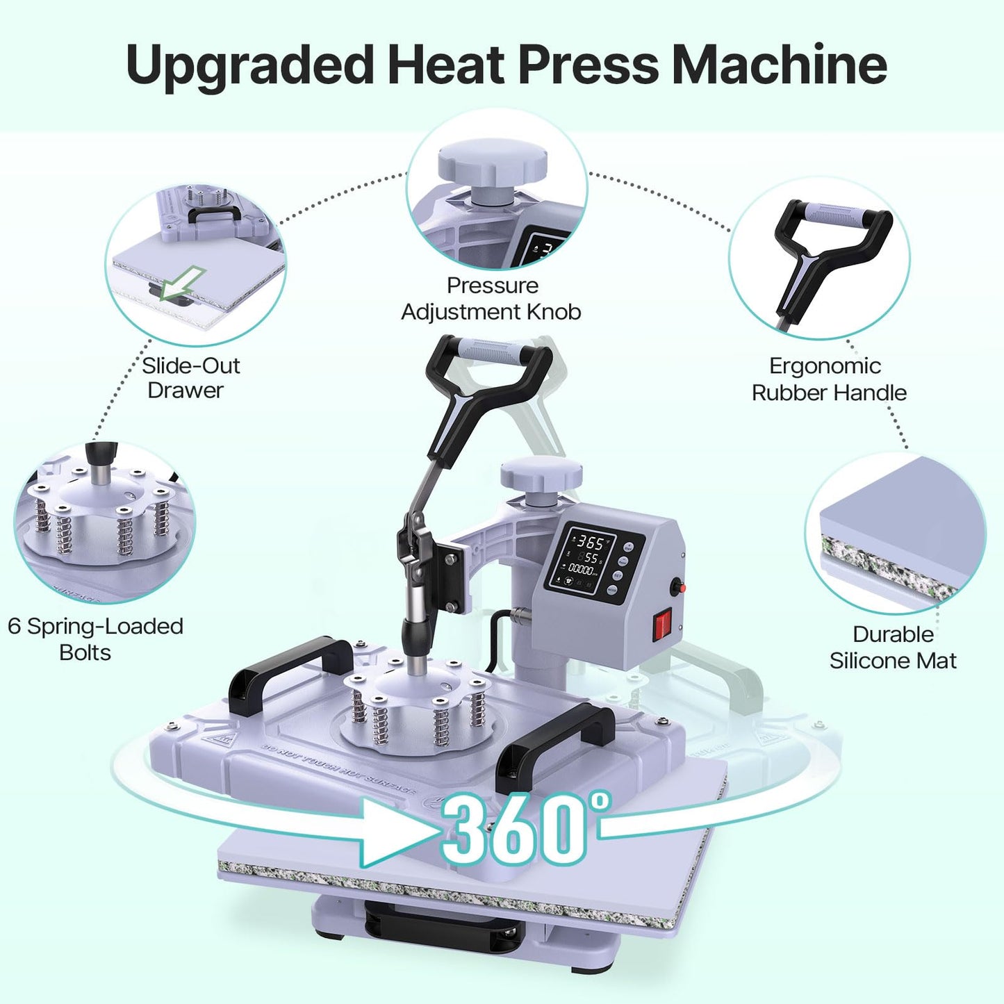 Slendor Heat Press Machine Sublimation Heat Press 360° Swing Away Heat Transfer Digital T-Shirt Pressing with 30OZ 20OZ Tumbler Press, Multifunction Combo for Hat Cap Plate 12''X15'' 5IN1 Lavender