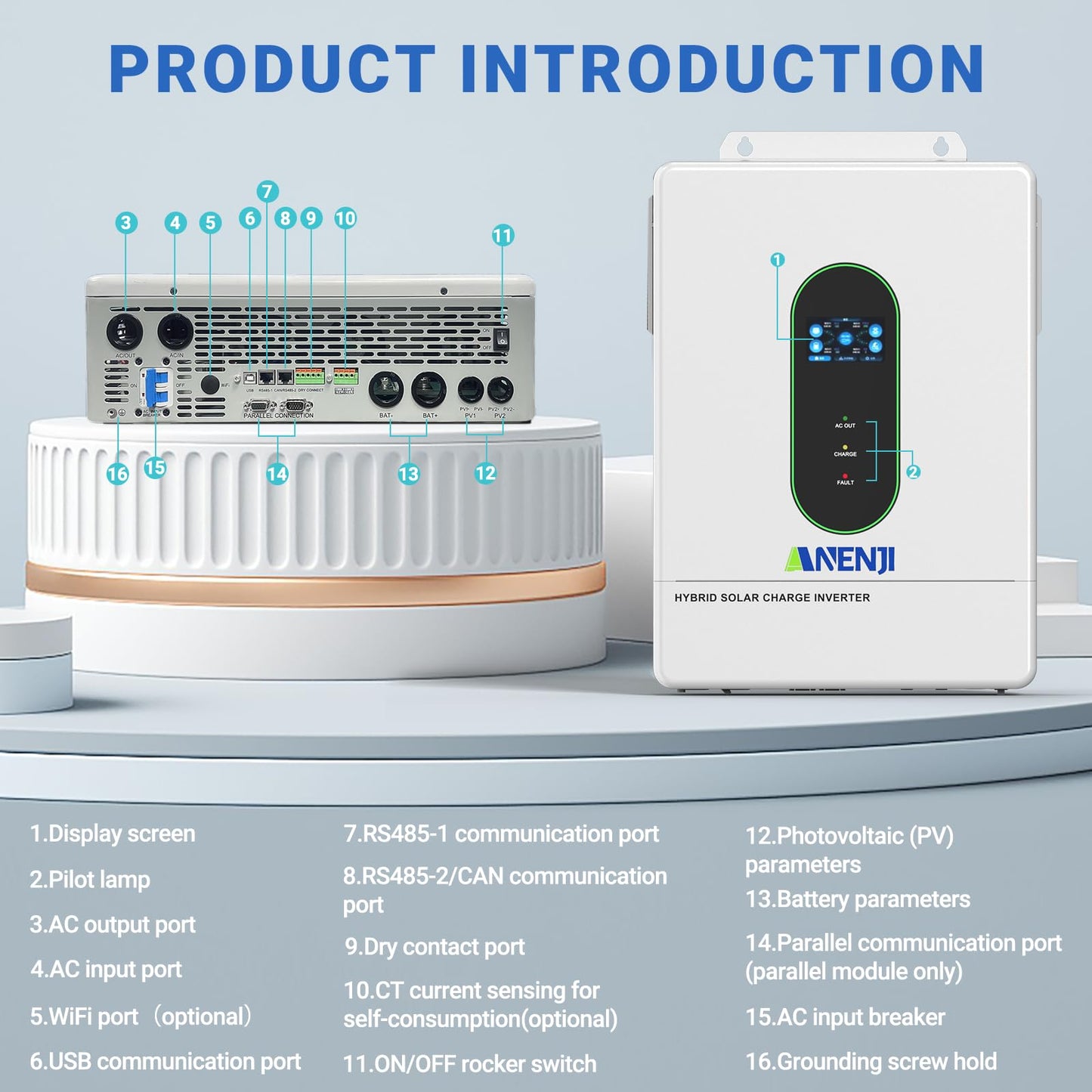 Aninerel 12000W Solar Hybrid Inverter 48V DC to 120V/240V AC Single Phase Split Phase Power Inverter, Pure Sine Wave, Built-in 2 MPPT Controller, Max. 220A Battery Charging, Parallel 6 Units, UL1741