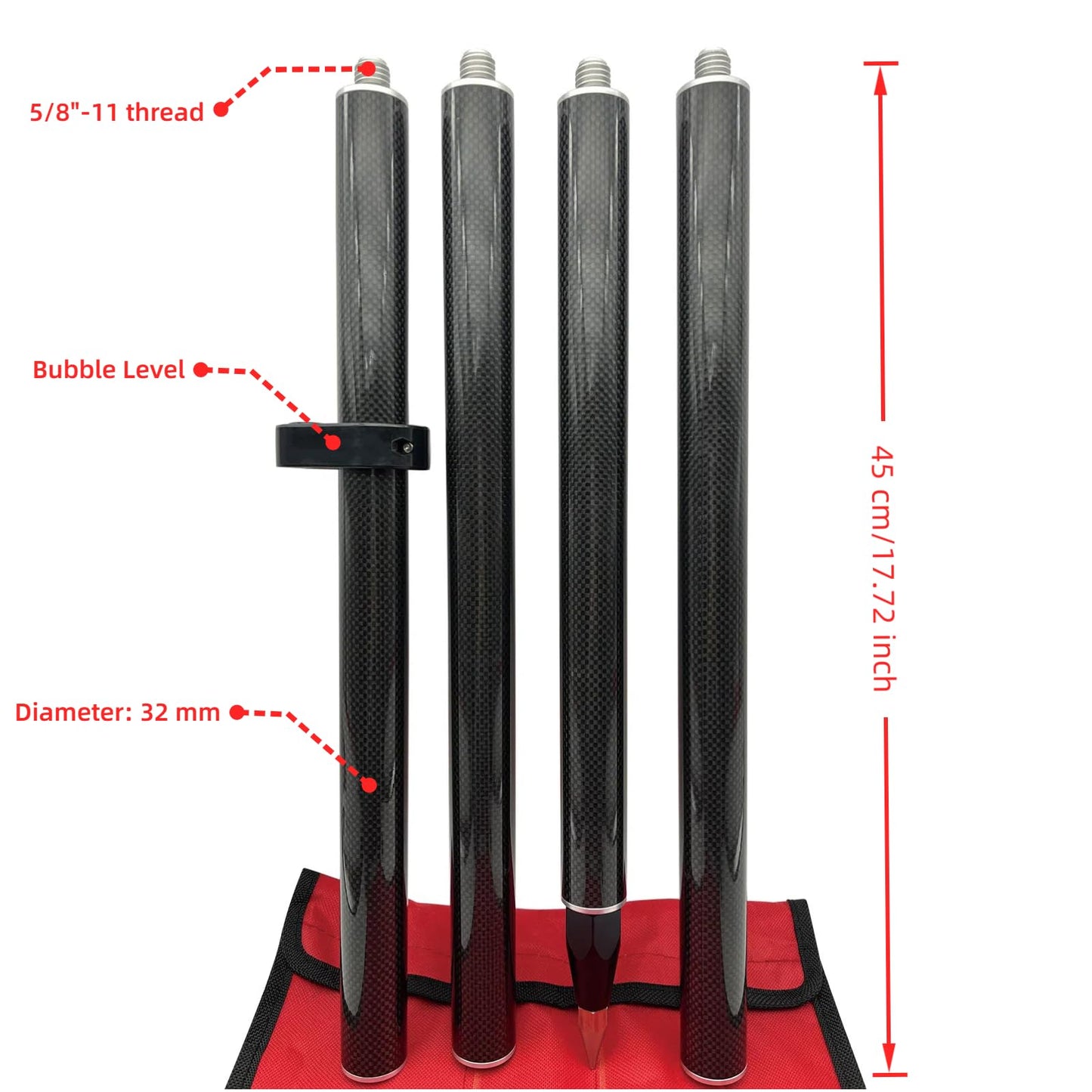 Carbon Fiber Survey Pole 1.8M, 4-Section Prism Pole for GPS GNSS RTK Total Station, with Bubble Level and Soft Carry Bag, 5/8-11 Threaded Surveying Rod