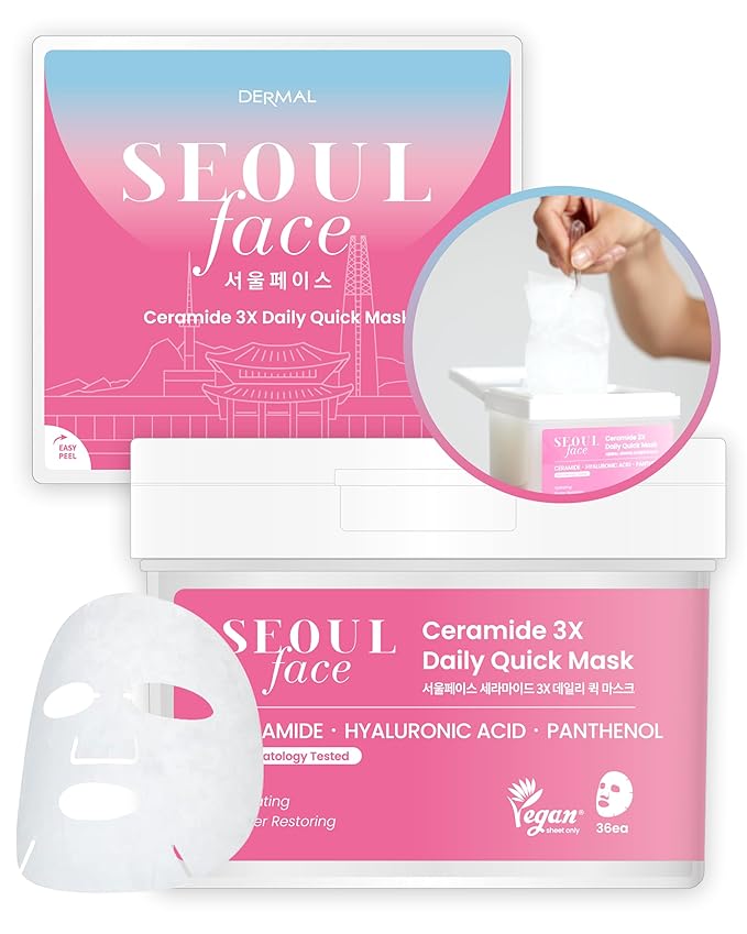 DERMAL Seoul Face Ceramide 3X Daily Quick Mask 36 Sheet ??Korean Skincare Vegan Tencel Facial Masks - Intensive Moisturizing, Elasticity Mask Sheets with Hyaluronic Acid, Panthenol, Adenosine