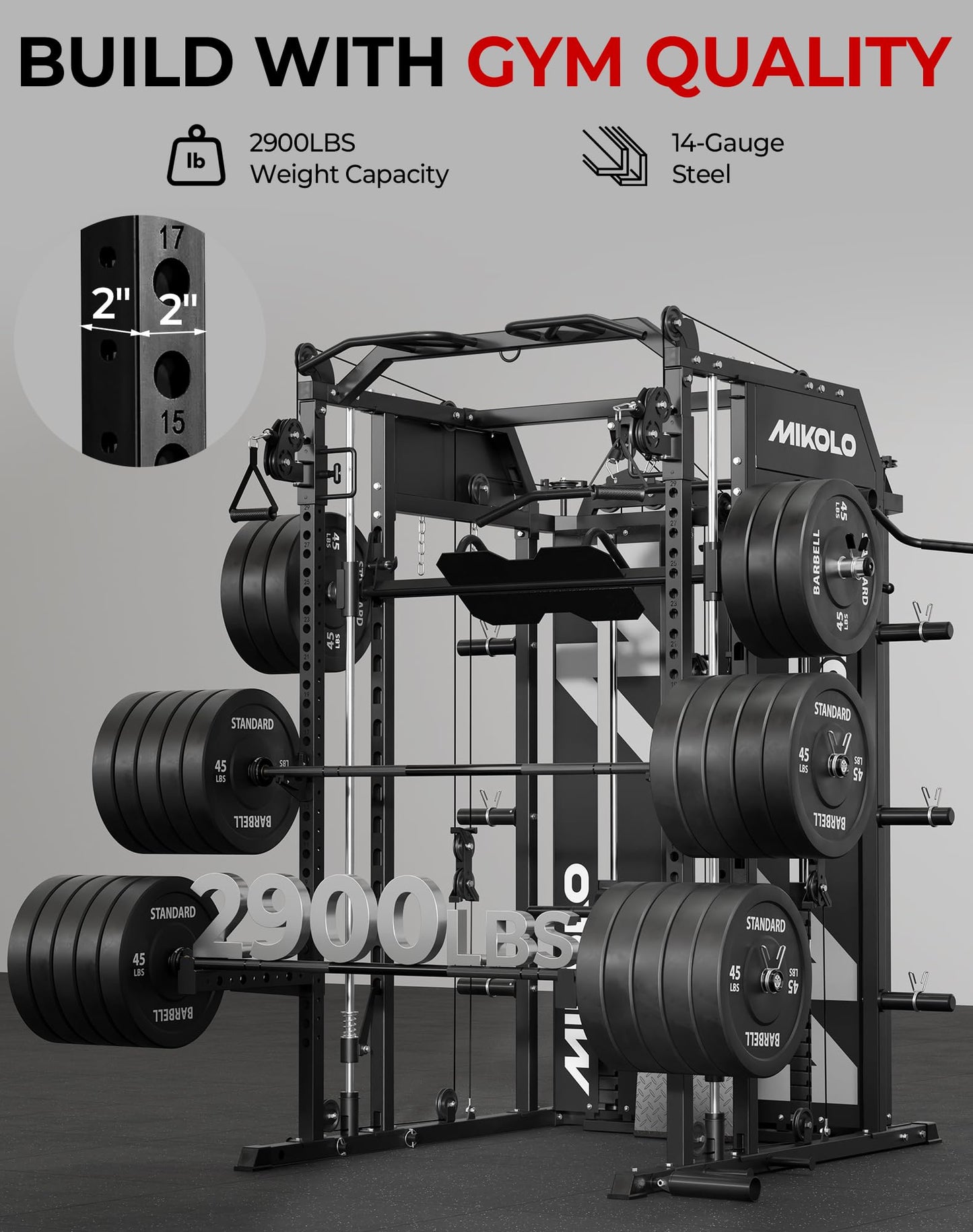 Mikolo Smith Machine with Weight Stack, Power Cage Home Gym System with LAT Pulldown & Cable Crossover, Multi-Functional Trainer with Dual Pulley System, BP 230lbs