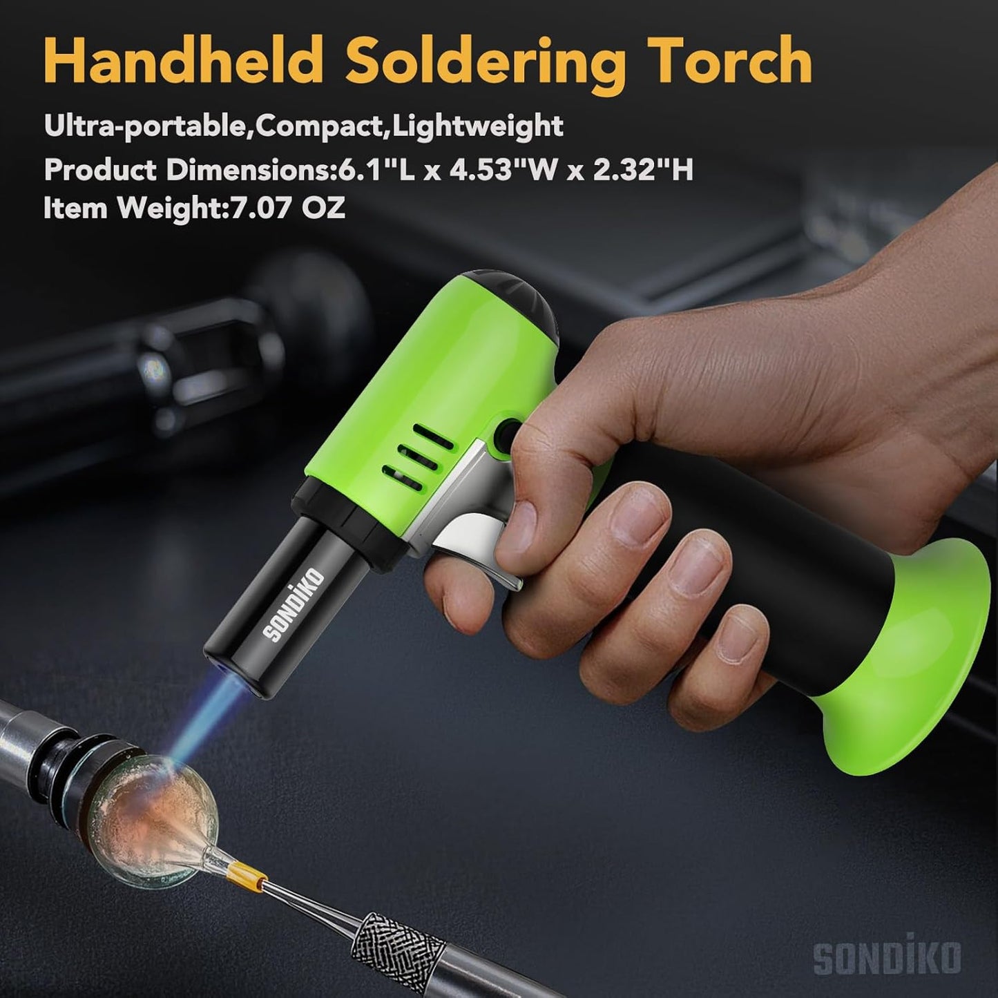 Sondiko Butane Torch - Refillable Soldering Lighter with Adjustable Flame & Fuel Gauge | Green & Black