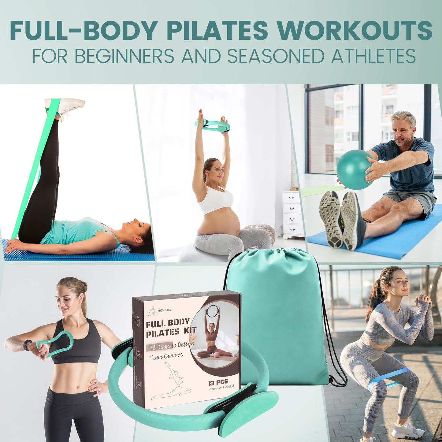 Pilates Kit for Women 13PCS, Pilates Ring and Ball Set with Magic Circle, Resistance Bands Set, Figure 8 Band, Yoga Ring & Grip Socks, Home Workout Equipment Essentials Starter Kit for Beginners