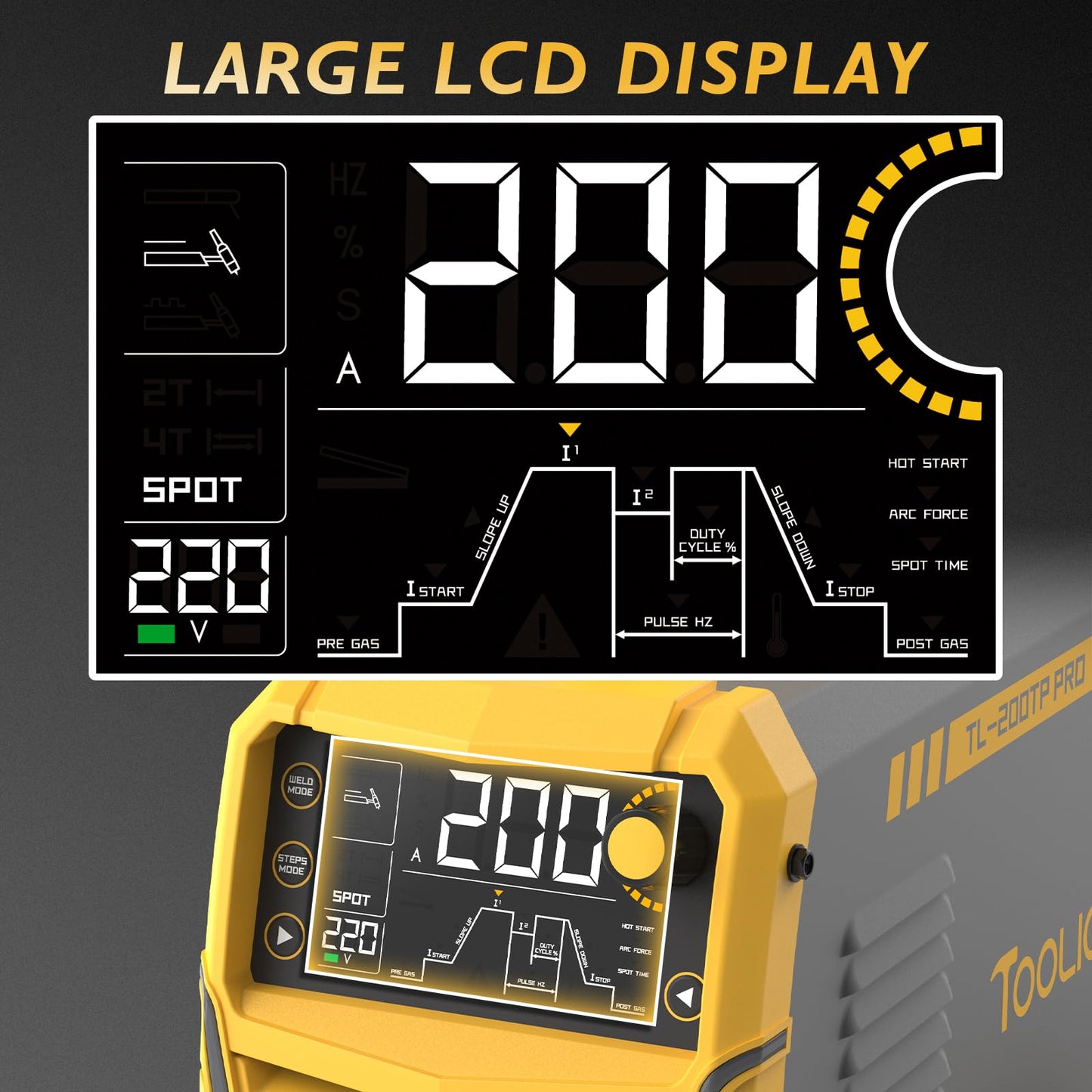 TOOLIOM 200A TIG Welder with Pulse, 4 in 1 Multifunctional TIG Welding Machine DC TIG/Spot TIG/Pulse TIG/Stick 110&220V Dual Voltage with Large Digital Display