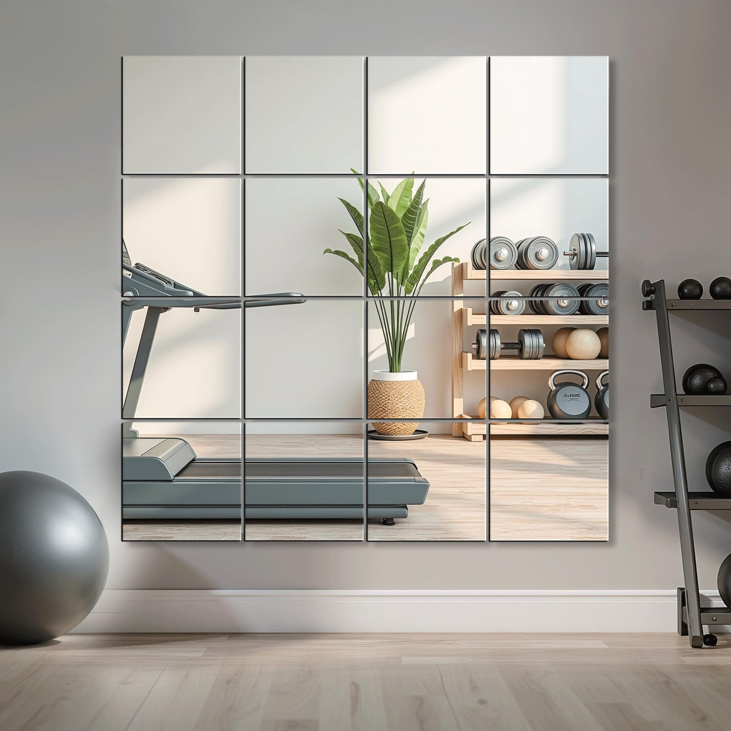 Delma Home Gym Mirrors, 12'' x 12'' Glass Mirror Tiles (16 PCS), Square Large Wall Mirror for Home Gym, Bedroom, Door,Bathroom, Frameless Mirror Sets