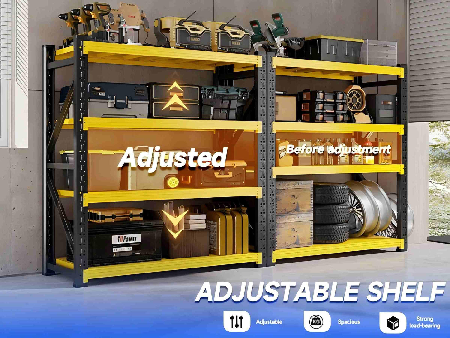 Kobito 48" W Garage Storage Shelves, 3000LBS Garage Shelving Heavy Duty Adjustable Shelving Unit, 4 Tier Metal Utitly Shelves Industrial Shelving for Warehouses,Basement,Black Yellow