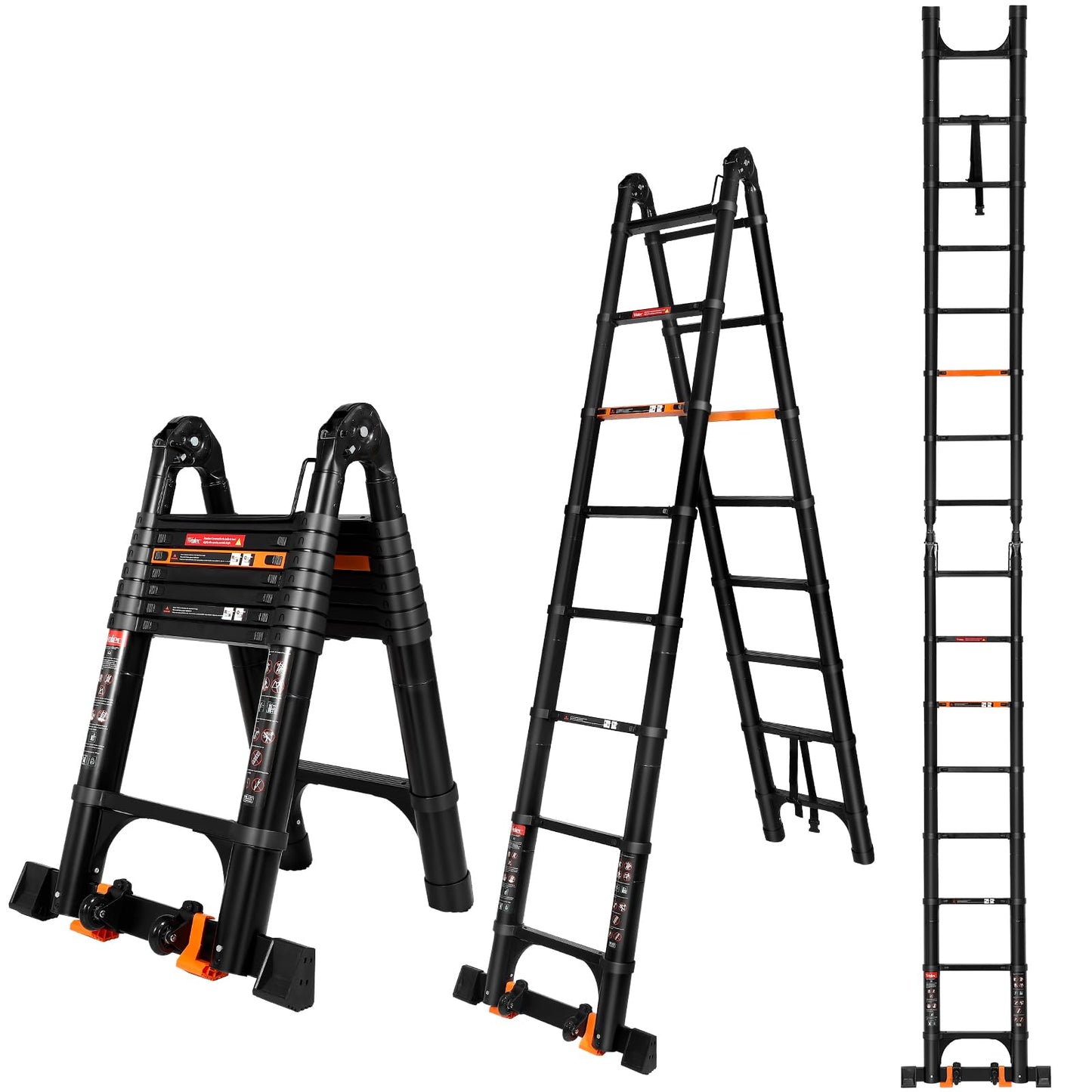 Wolec 16.5 FT A Frame Telescoping Ladder, Adjustable Multi-Purpose Collapsible Extension w/Balance Bar & Wheels, Heavy Duty 330 lbs Max Capacity, Ideal for Home and Outdoor Work, Black