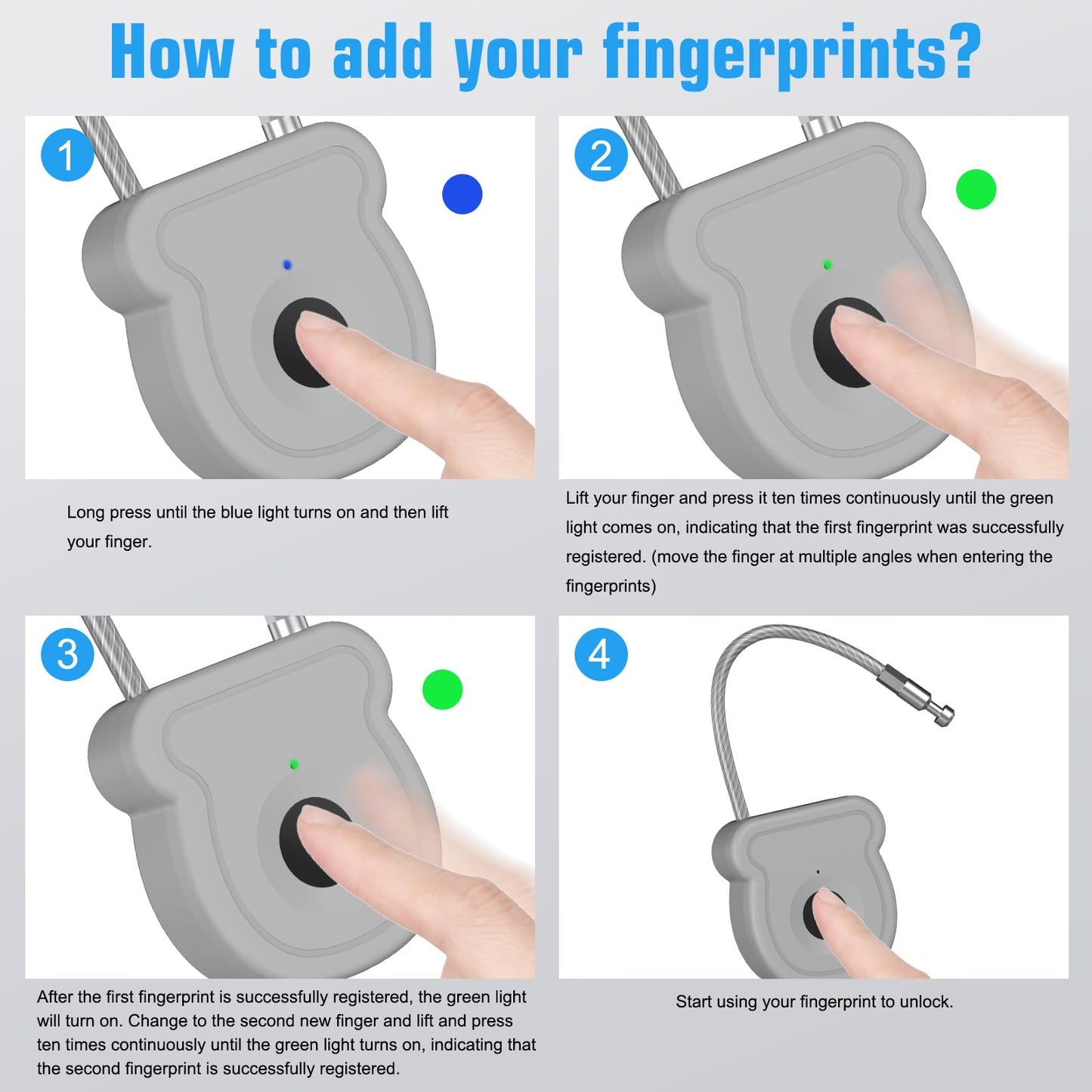 Larimuer Smart Fingerprint Padlock for Luggage - 20 User Capacity, USB Key & Emergency Code, Keyless Biometric Lock for Gym Locker, Suitcase, Backpack, Toolbox & Handbag (Grey)