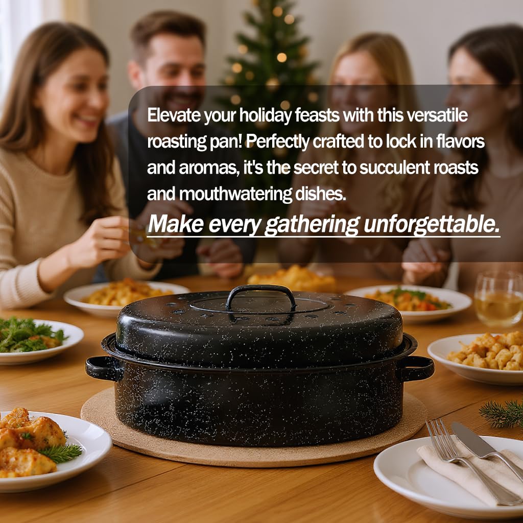 Turkey Roaster Pan 18in Roasting Pan With Lid Enamel Carbon Steel Roaster Pot with 16in Inner Diameter,18 Pound Large Capacity High Temperature Resistance Oval Cookware