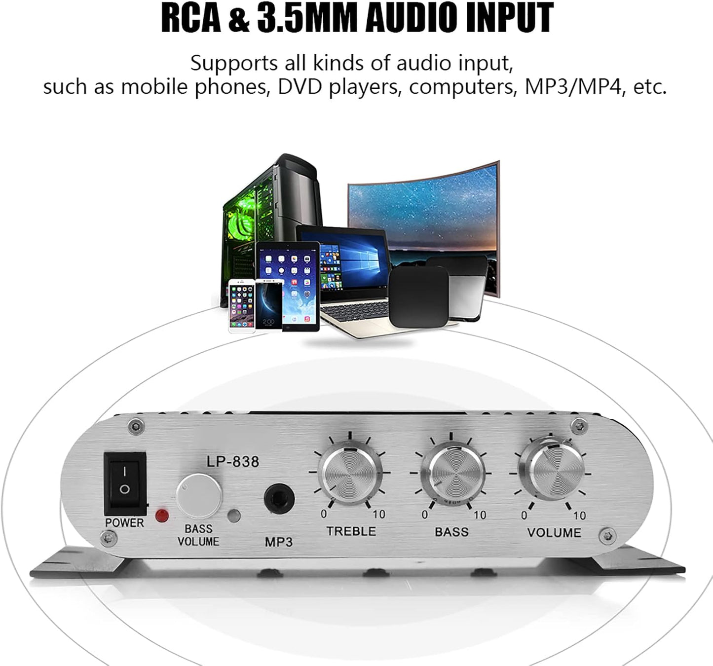 15Wx2 3.5mm MP3, MP4, Stereo Audio Amplifier Receiver, Output Stereo Bass Home Amplifiers, with and Port, Digital Amp