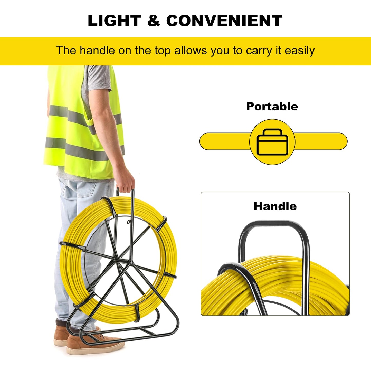 6mm x 200m (656ft) Fiberglass Fish Tape with Steel Reel Stand - Non-Conductive Duct Rodder & Cable Puller for Electrical Wiring, Conduit, Walls and Pipes