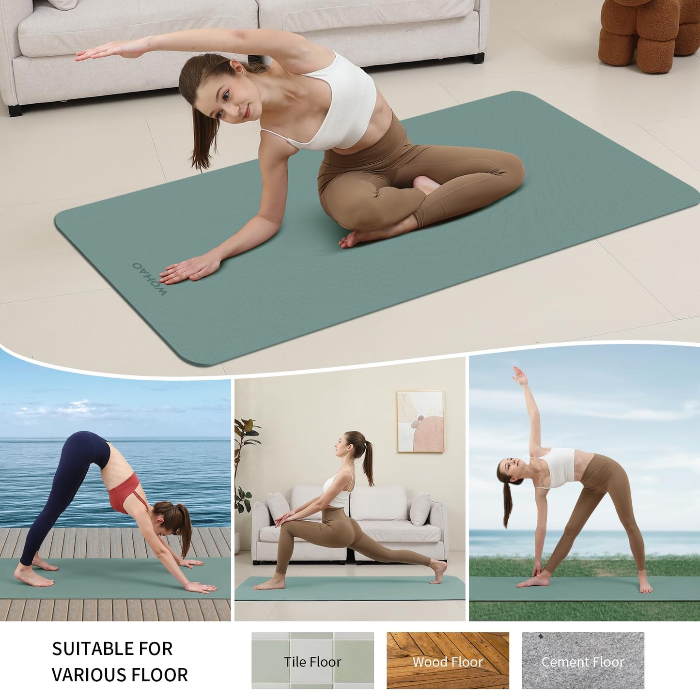 WOHAO 8mm Thick Non-Slip Yoga Mat - Large 72"x32", Eco-Friendly & Odorless with Carrying Strap, Extra Wide & Durable for Yoga, Pilates & Home Gym (Dark Green)