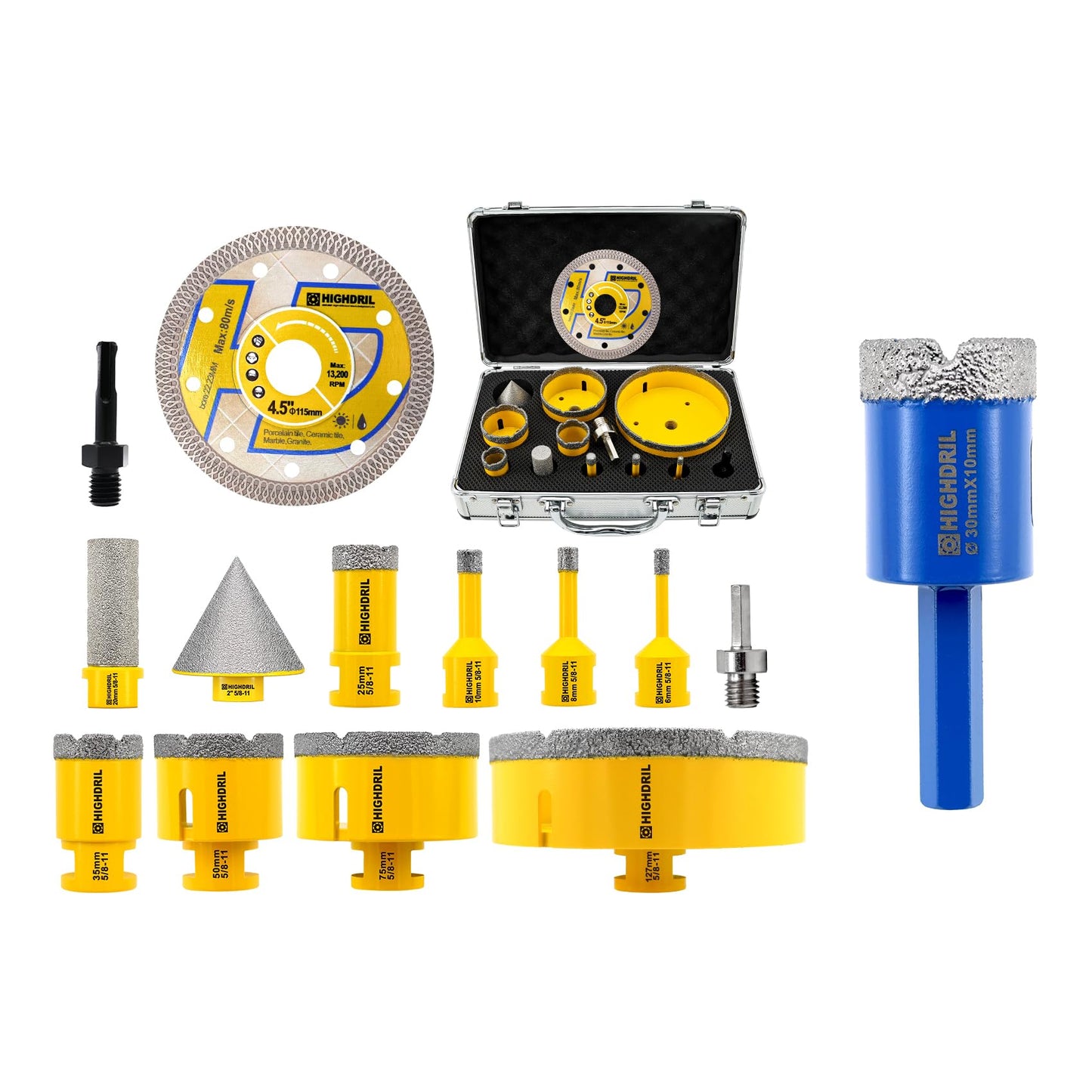 HIGHDRIL 13Pcs Diamond Hole Saw Kit and Dry Diamond Tile Drill Bit with Hex Shank
