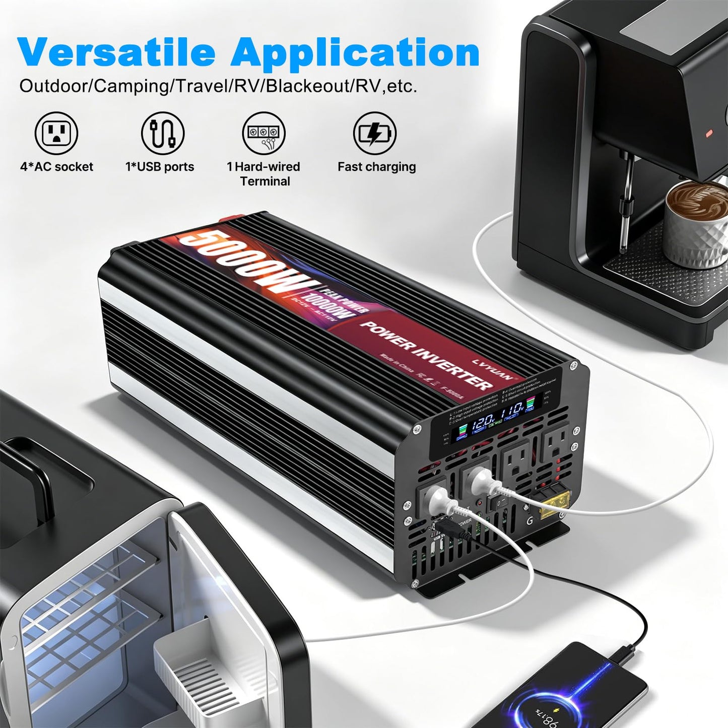 LVYUAN 5000 Watt Power Inverter 12V to 110V 120V with 4 AC Outlets, LCD Display, Wireless Remote Control for Vehicle, Solar System, Heavy Duty, RV, Truck, Off Grid, Camping