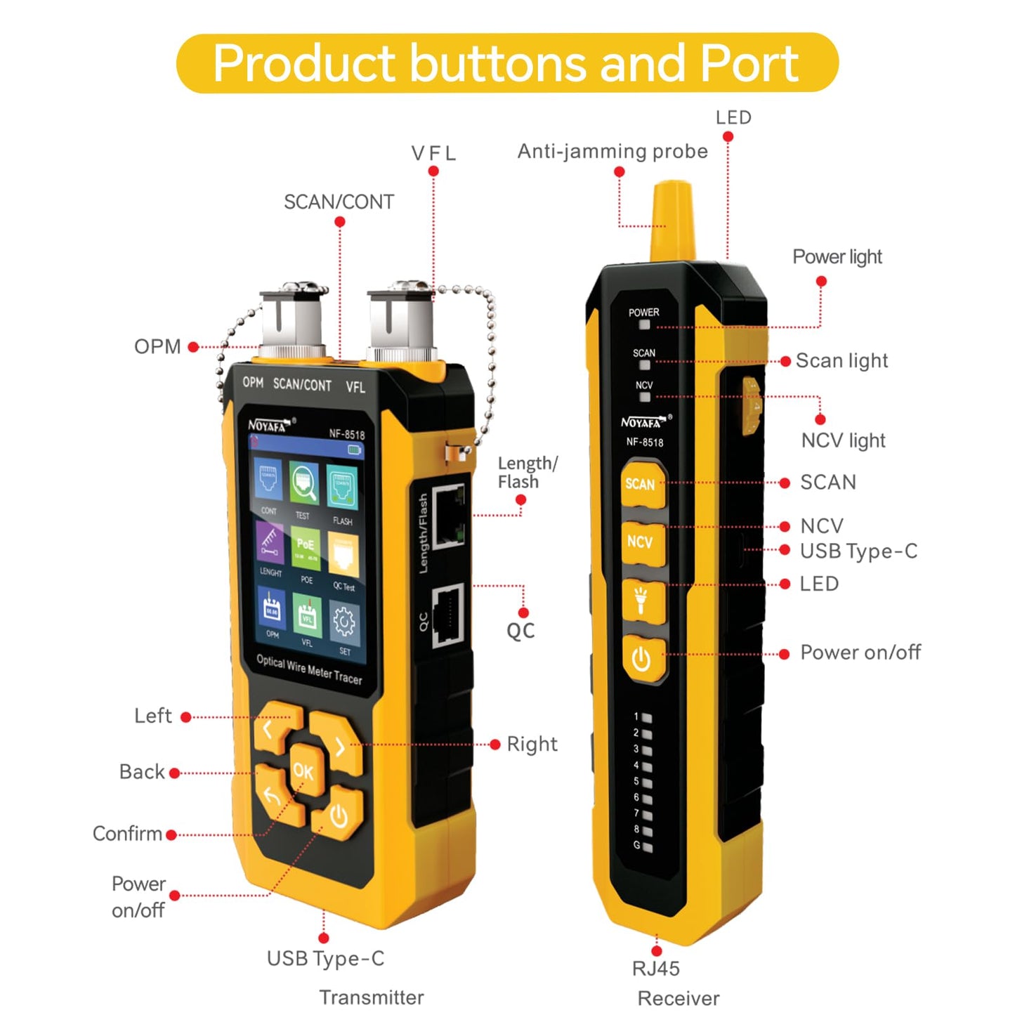 NOYAFA NF-8518 Network Cable Tester with Optical Power Meter, Ethernet Cable Tester, CAT6 Cable Tracker, VFL PoE QC Port Flicker, Length Testing, Fiber Optic Fault Locator, Telephone Line Tracker