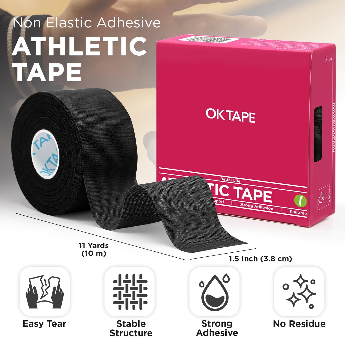 OK TAPE Athletic Sports Tape（4 Packs) Black- 32.8ft Per Roll Athletic Tape for Injuries,Strong Stick No Residue Athlete & Sport Trainers First Aid Injury Wrap, Hockey Stick