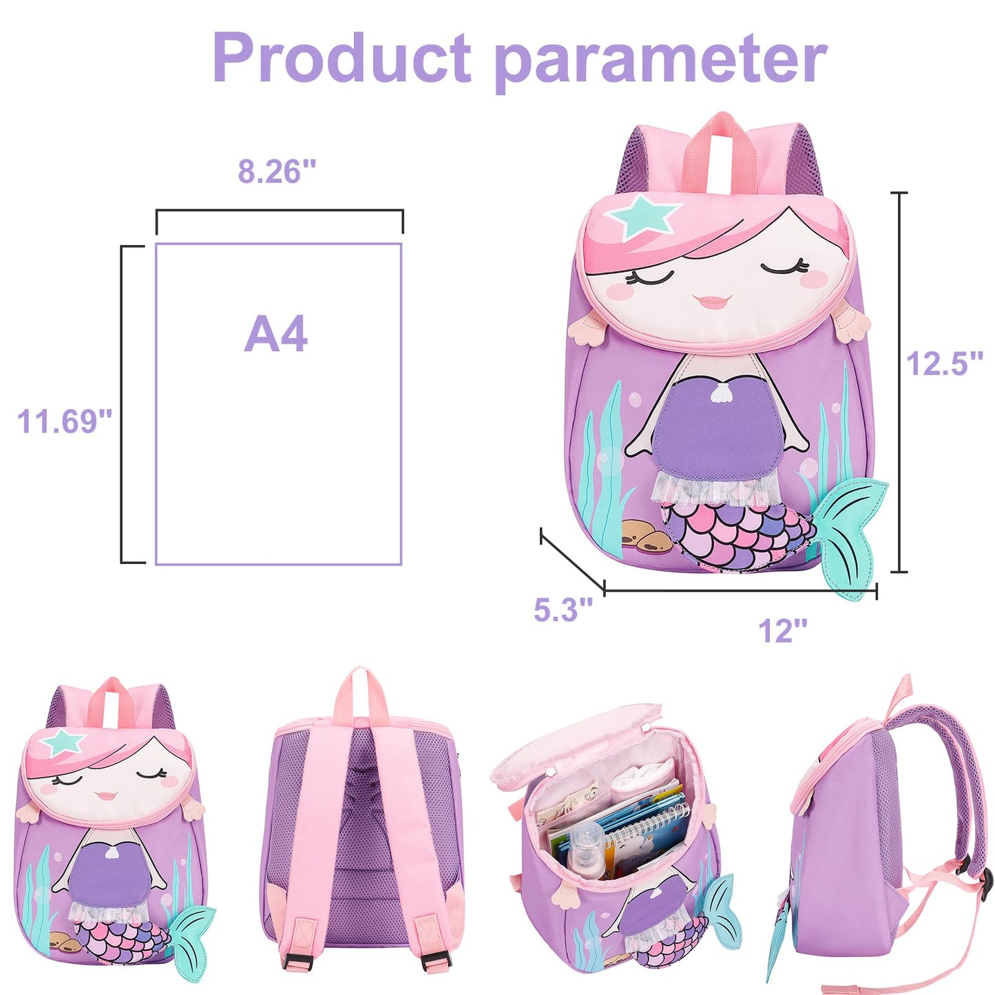 Bluboon Toddlers Backpack for Girls Cute Preschool Backpack 3D Schoolbag Toddler Bookbag for Kids (Purple)
