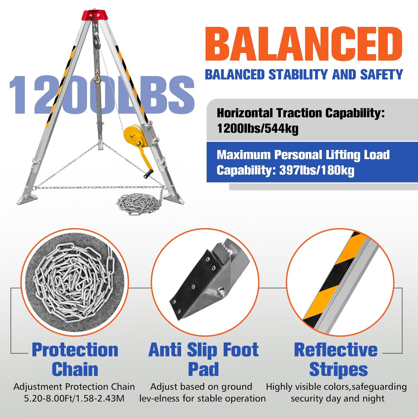 YATOINTO Confined Space Tripod Kit,1200 lbs Lifting Winch,Confined Space Rescue Tripod with 4.4' to 7' Legs and 98' Cable,Traditional Confined Spaces with 32.8' Protection and Storage Bag