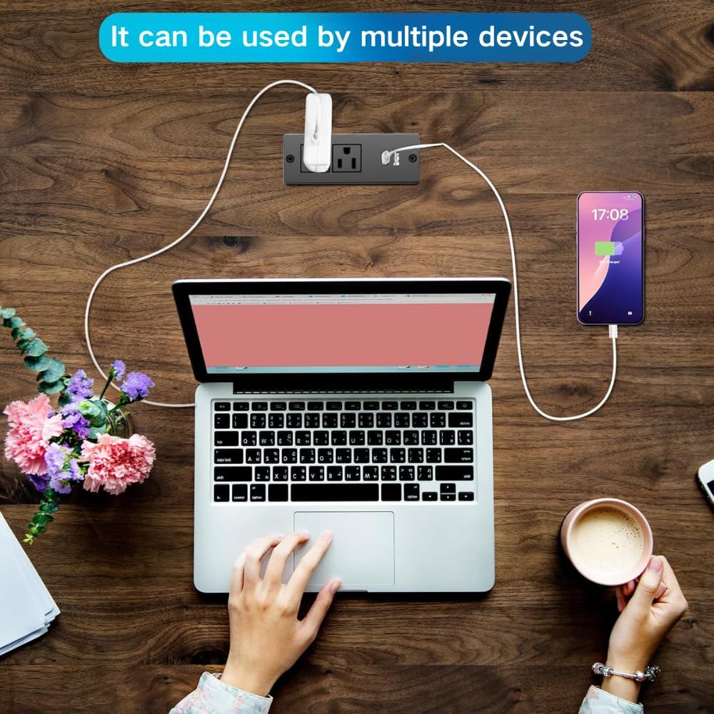 Geao Adapter Inset Small Recessed Power Strip Plug Extension Cord with USB Electrical Outlet Extender Flush Mount Surge
