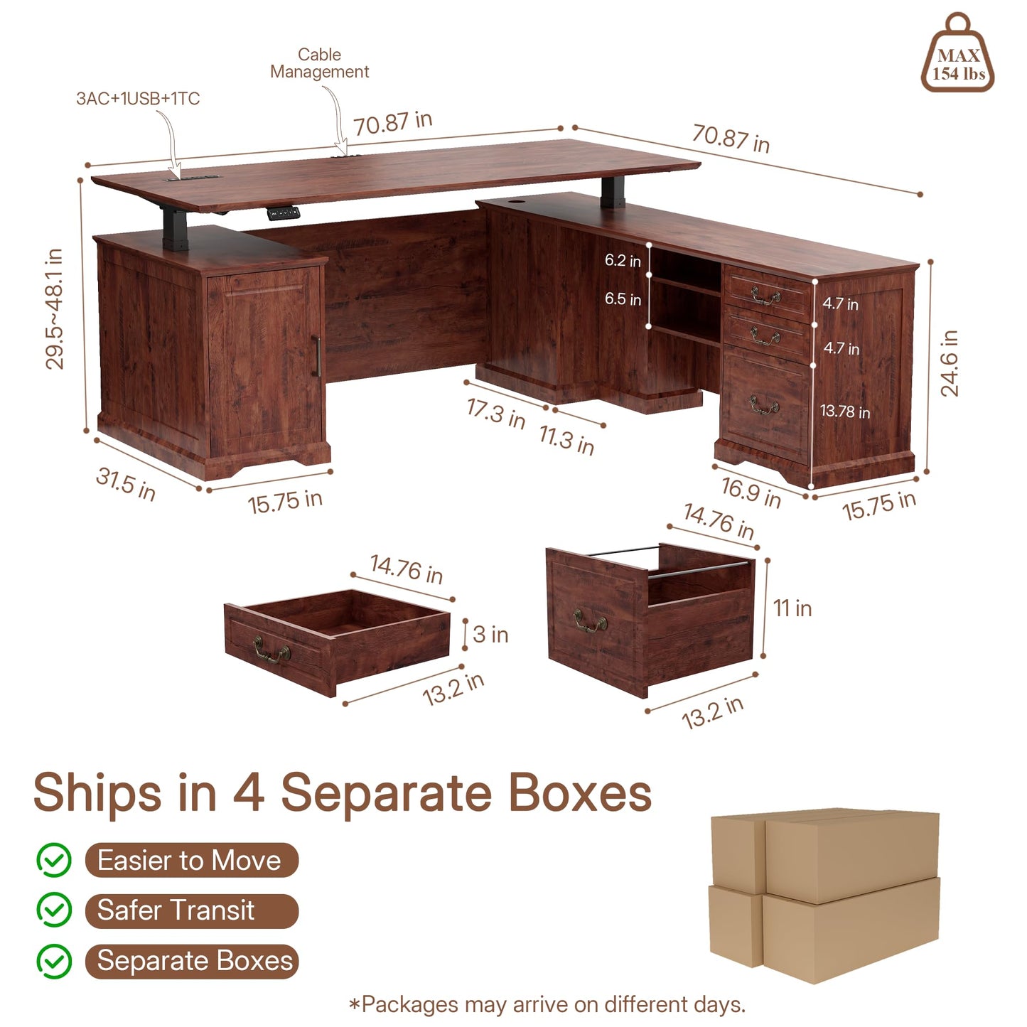 ZIMASYA 71" L Shaped Executive Desk with File Cabinet Drawers Outlet USB, Height Adjustable Modern Office Desk Privacy Panel Sit-Stand Workstation for Boss Managers Office Home Mahogany