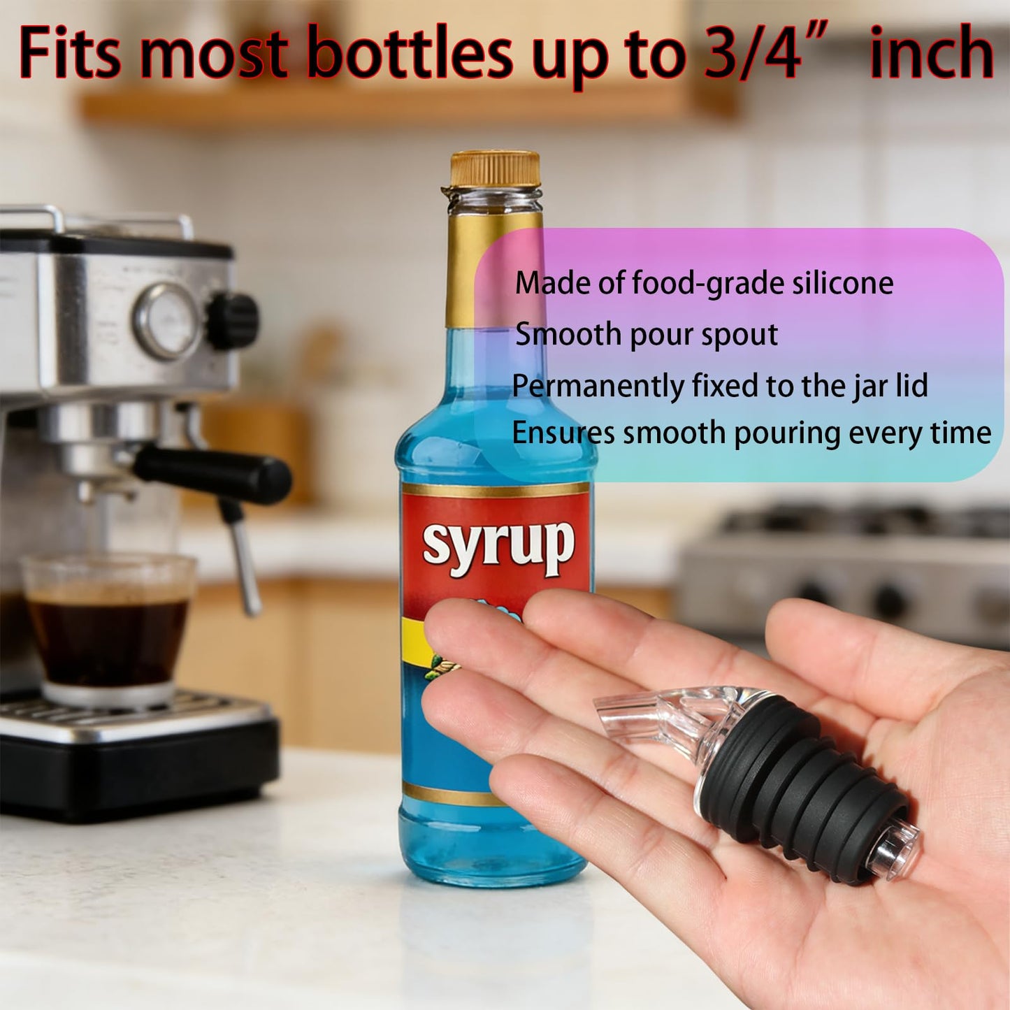 Pour Spout for Torani Sugar-Free Syrup 25.4 Fl Oz Bottle，Pourers for Large small Torani Sugar-Free Syrup。Leak-Proof,4-piece Large small + 8 Black Lid Caps (Black, 4)