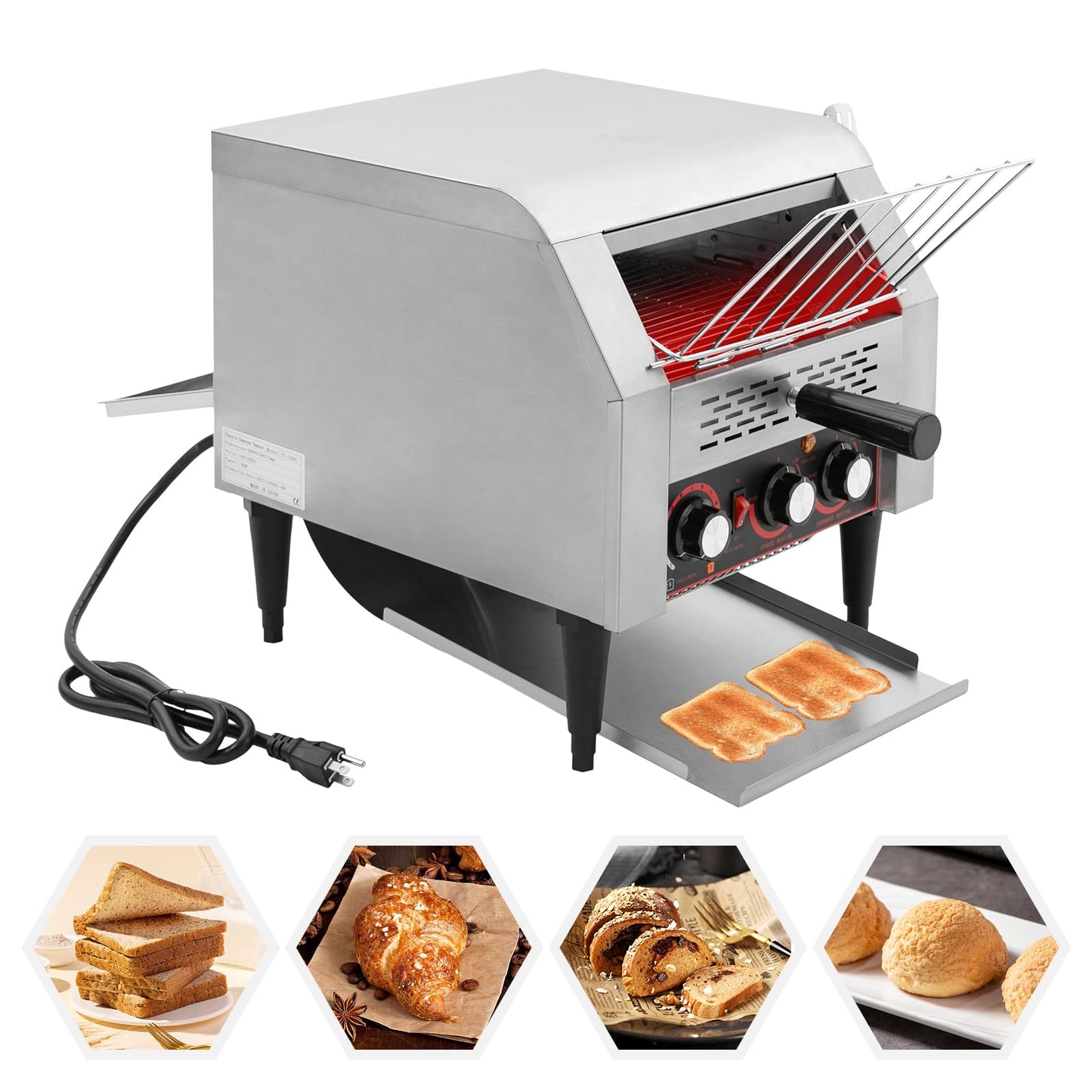Commercial Conveyor Toaster, 350Slices/Hour 1900W Stainless Steel Heavy Duty Industrial Toasters w/Three-ring Heating Tubes,Countertop Electric Restaurant Equipment for Bun Bagel Bread Baked Food