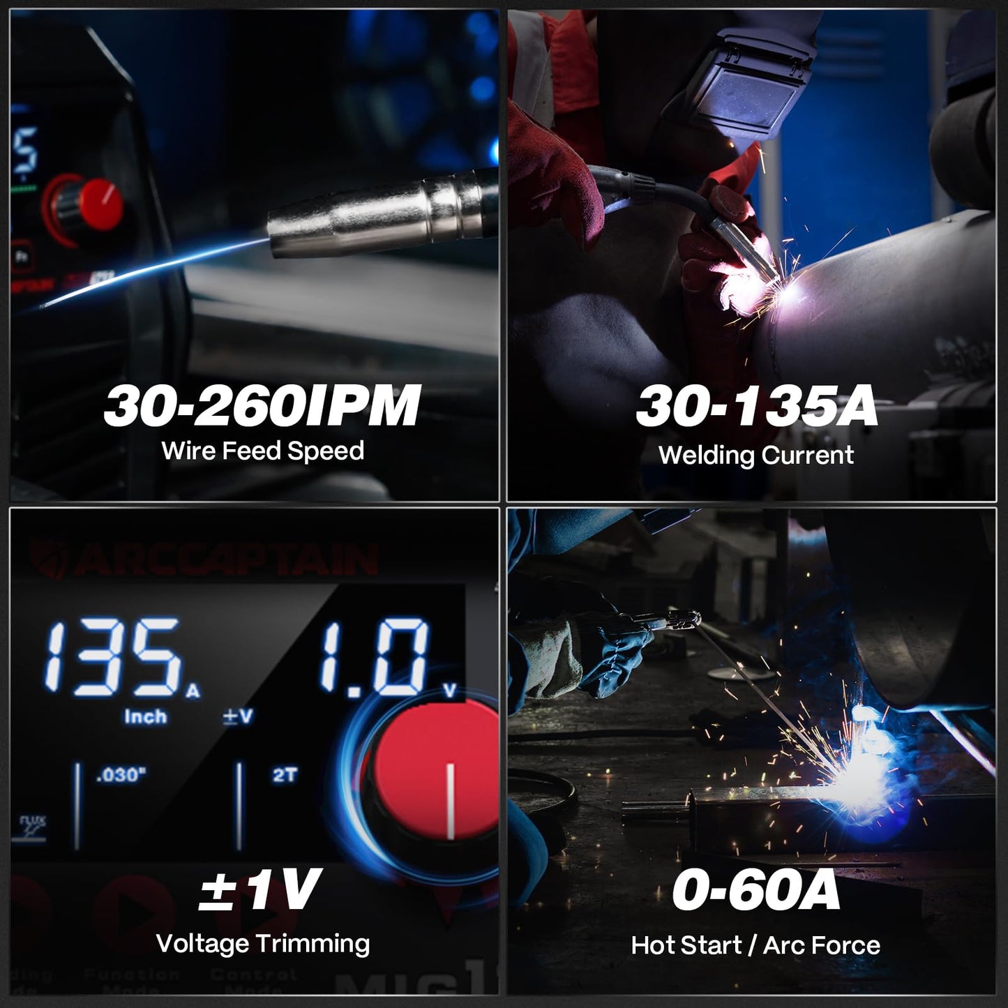 ARCCAPTAIN 135A MIG Welder [Large LED Display] 110V Welder Flux Core MIG, Lift TIG, Stick, 3 in 1 Welding Machine Gasless MIG Welder Machine 110V, IGBT Inverter Welder with Synergy, 2T/4T