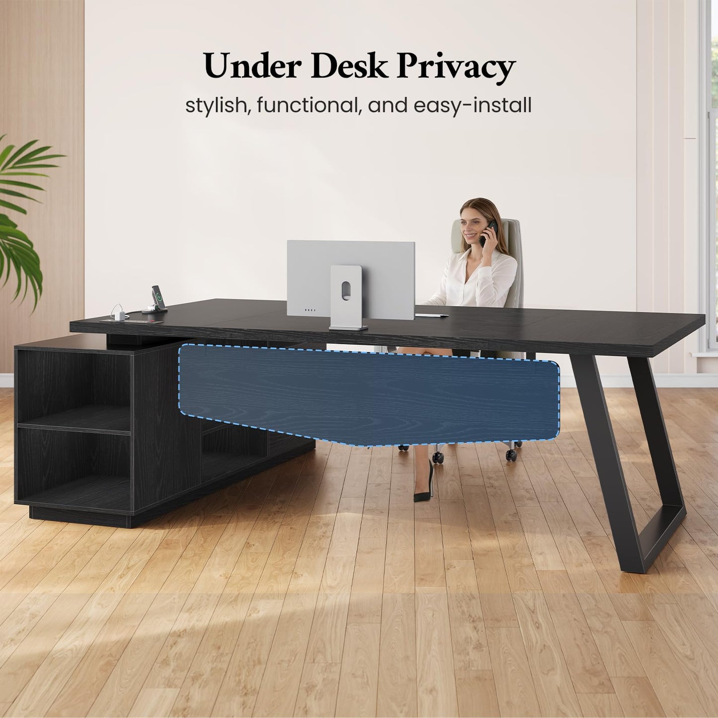70.3 in L Shaped Executive Desk with Power Outlets, Large Home Office Desk with Storage Drawers & File Cabinet, Modern Computer Desk with Shelves, Black Business Furniture, Square Metal Legs, Black