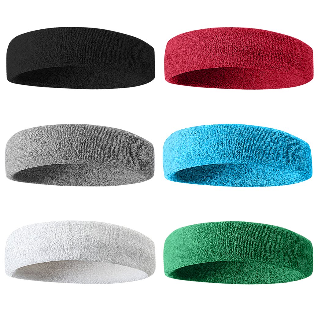 BEACE Sweatbands Sports Headband for Men & Women - 6PCS Moisture Wicking Athletic Cotton Terry Cloth Sweatband for Tennis, Basketball, Running, Gym, Working Out Bl/Wh/Gr/Ma/DP/LT