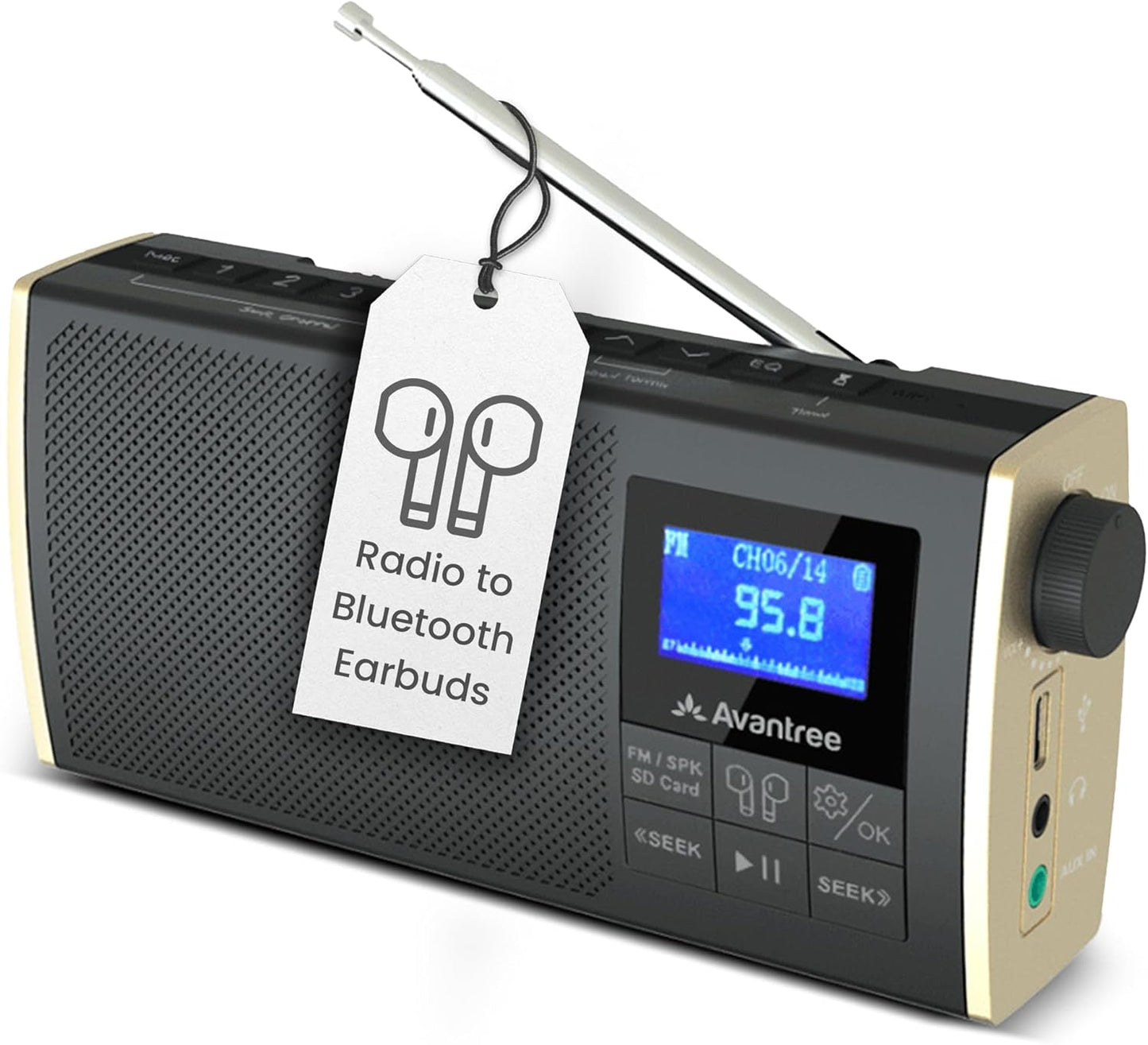 Avantree MP3 4-in-1 Streaming Radio to Earbuds or Home Stereo System, FM Radio, Bluetooth Transmitter, Bluetooth