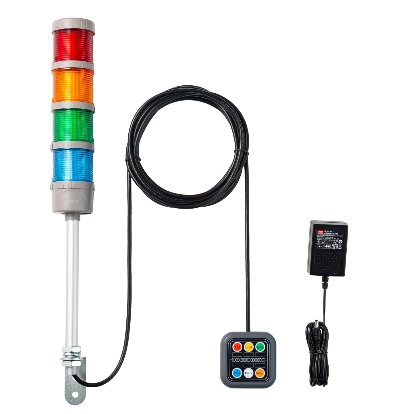 ANDONT 4-Stack LED Andon Tower Signal Light with Buzzer, Red/Yellow/Green/Blue, On/Off/Flash, Control Box, Mean Well Industrial Power Adapter 6 ft & 16 ft Extension Cord, Plug-and-Play