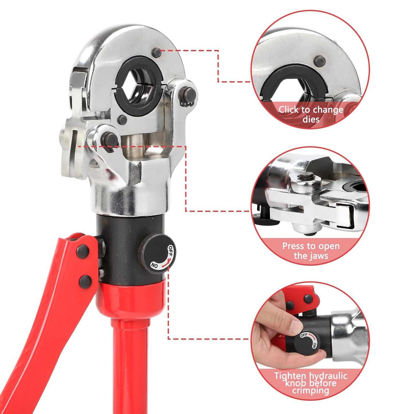 Hydraulic Copper Tube Crimping Tool with 3 Interchangeable Dies (1/2", 3/4", 1") Applicable to Stainless Steel and Copper Pipes, Ideal for Plumbing, HVAC, Refrigeration & Industrial Piping Projects