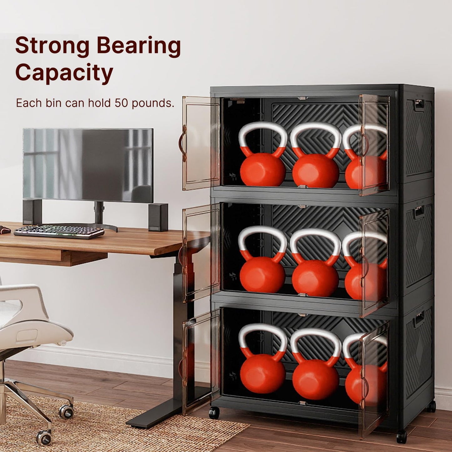 UAMFURI Stackable Storage Bins with Lids & Wheels & Door, Foldable Collapsible Closet Organizers, Extra Large Plastic Storage Drawers for Bedroom Dorm Office Garage (Dark-175QT, 3Pack with 1 top lid)
