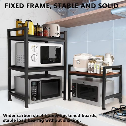 Microwave Stand, Heavy Duty 3 Tier Microwave Shelf for Kitchen Shelving Countertop Organizer. Carbon Steel, Wood Panel, Sturdy and Not Shaking Kitchen Rack That Can Withstand 200 Lbs Weight
