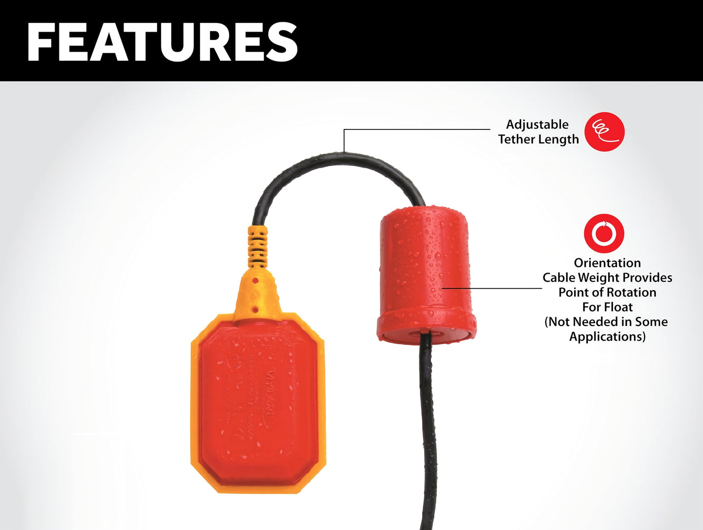 Float Switch for Sump Pump -100-Foot Water Level Sensor with Honeywell Microswitch and Adjustable Tether Length for Ground Water Bilge Pump and Water Tank – Non-Corrosive PP Casing, Rated to 13 Amps
