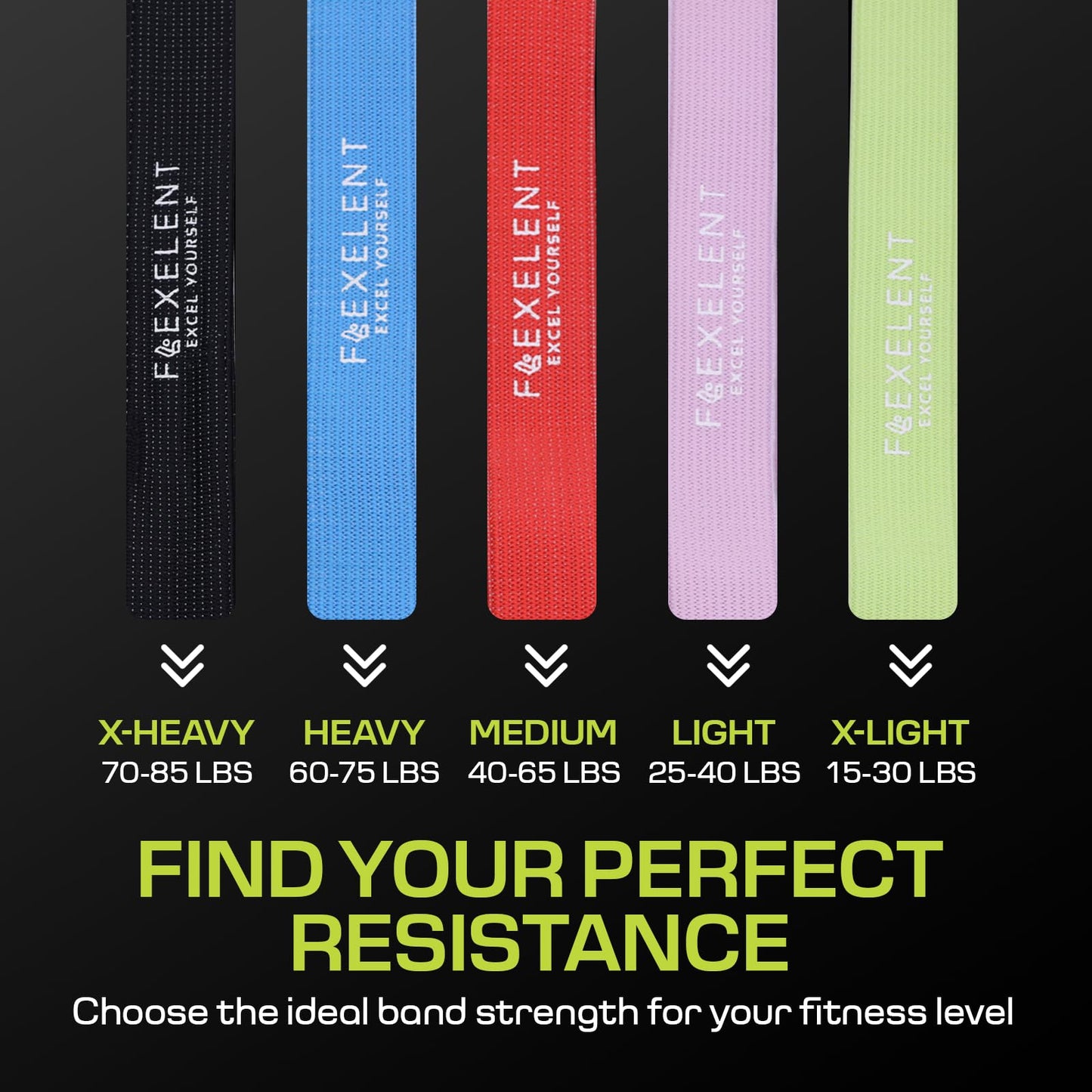 Long Fabric Resistance Bands – 5 Strength Levels from Extra Light to Extra Heavy, Thick Fabric Resistance Bands for Exercise, Legs, Glutes, Hips, Stretching with Storage Bag – Multicolor