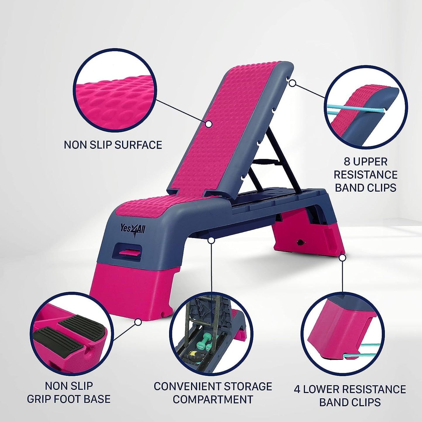 Yes4All Multifunctional Fitness Aerobic Step Platform/Aerobic Deck, Household Step Workout Bench for Home Gym (Hot Pink/Navy Blue)