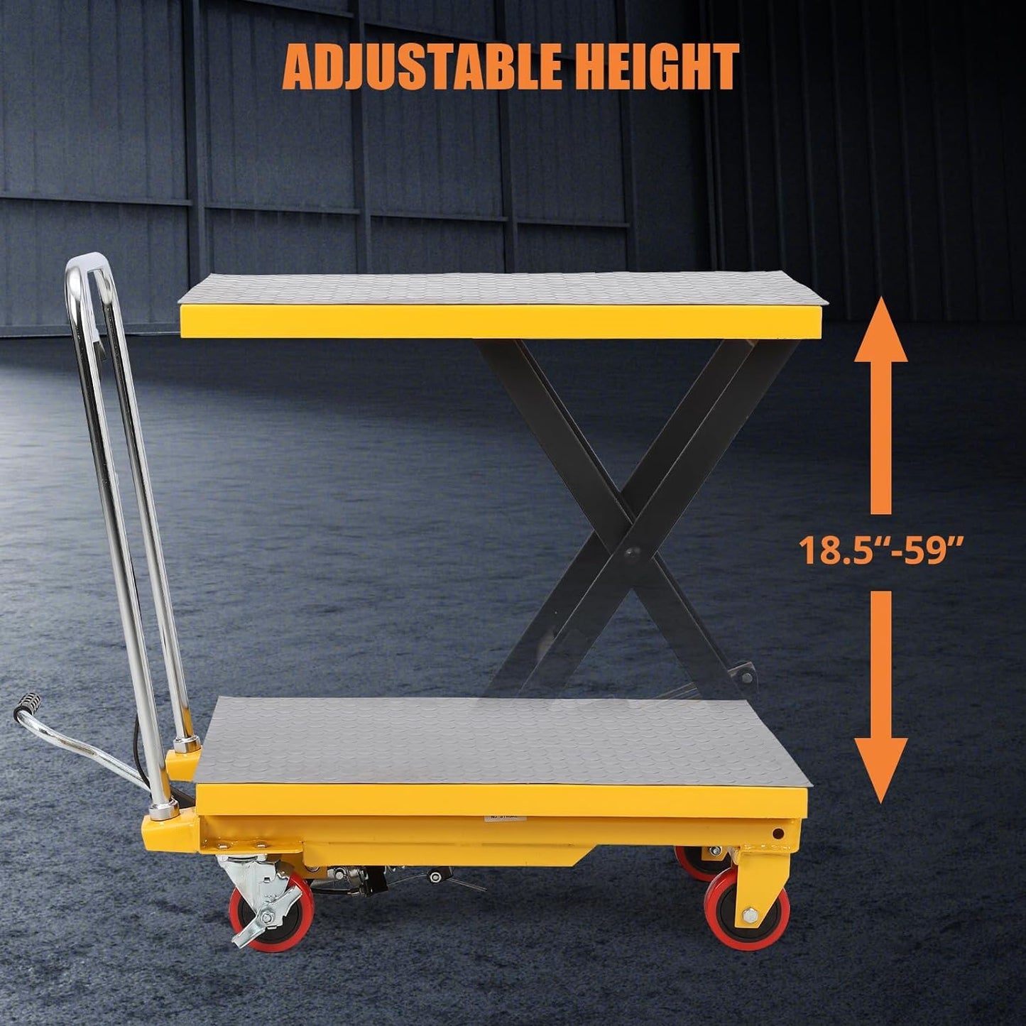 GarveeTech 330 LBS Hydraulic Lift Table Cart,Manual Single Scissor Lift Table Capacity 28.4 in with 4 Wheels and Non-Slip Pad for Material Handling and Transportation,Yellow