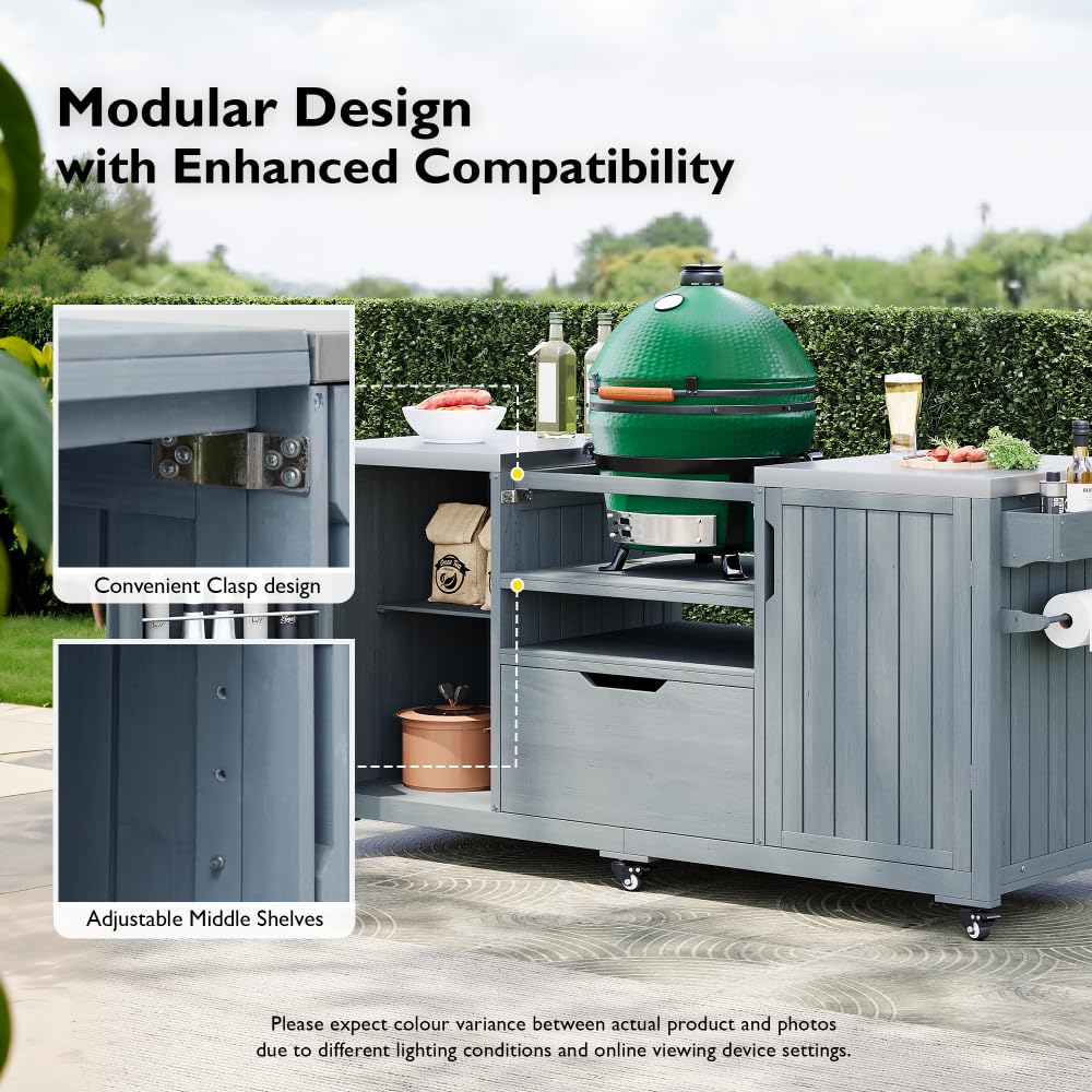 DFCHLDA 66.5" Outdoor Kitchen Island with Stainless Steel Top, Rolling Grill Cart with Adjustable Shelves, Lockable Wheels, Outdoor Table and Bar Storage Cabinet for Patio(Grey+Blue)